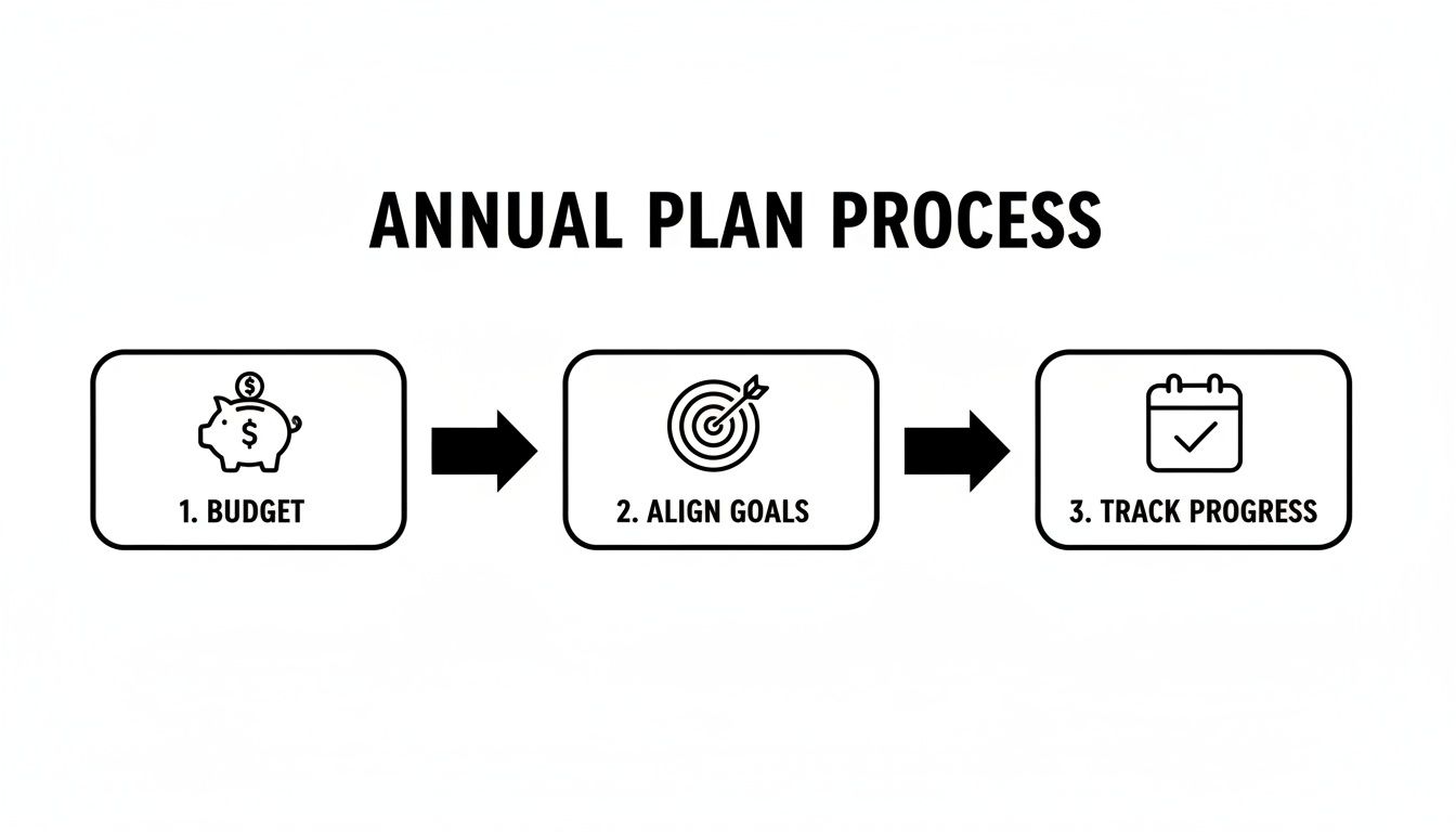 Diagram illustrating the annual plan process with three steps: Budget, Align Goals, and Track Progress.