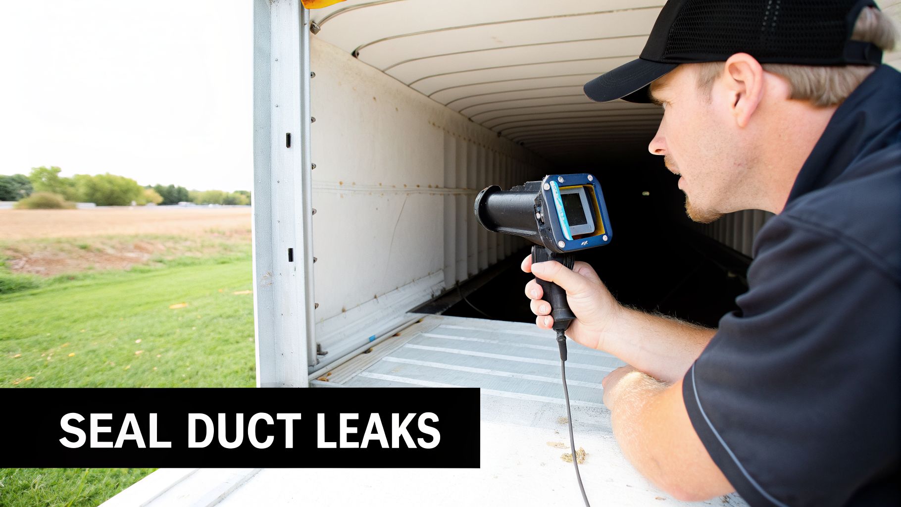 A technician uses a specialized camera to inspect a large duct for leaks, ensuring HVAC efficiency.