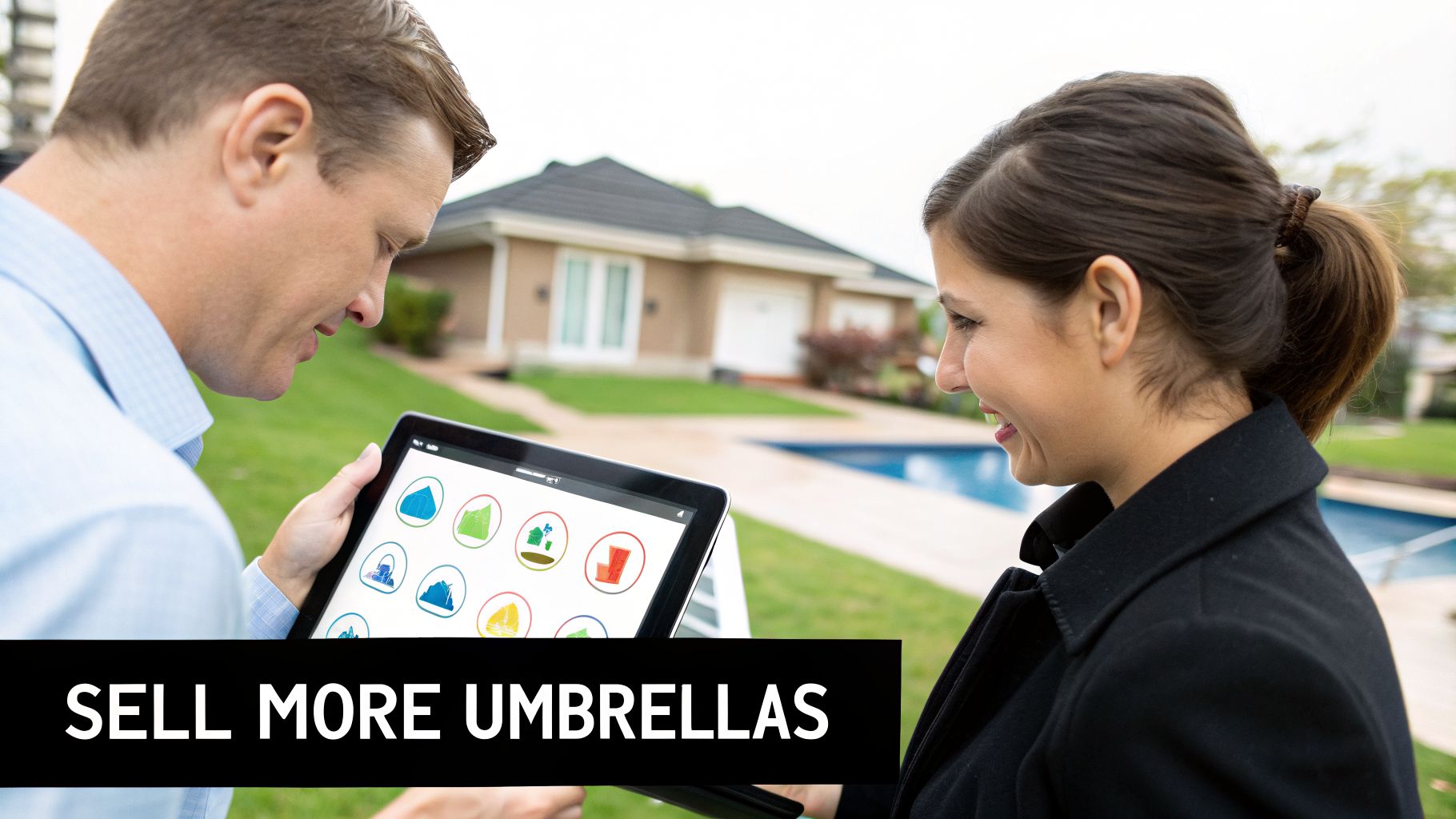 A man and a woman discuss property details on a tablet outside a modern house with a pool.