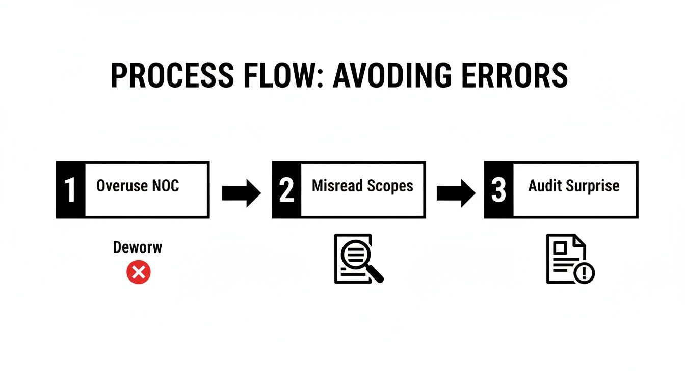 A process flow diagram showing three steps leading to errors: Overuse NOC, Misread Scopes, and Audit Surprise.