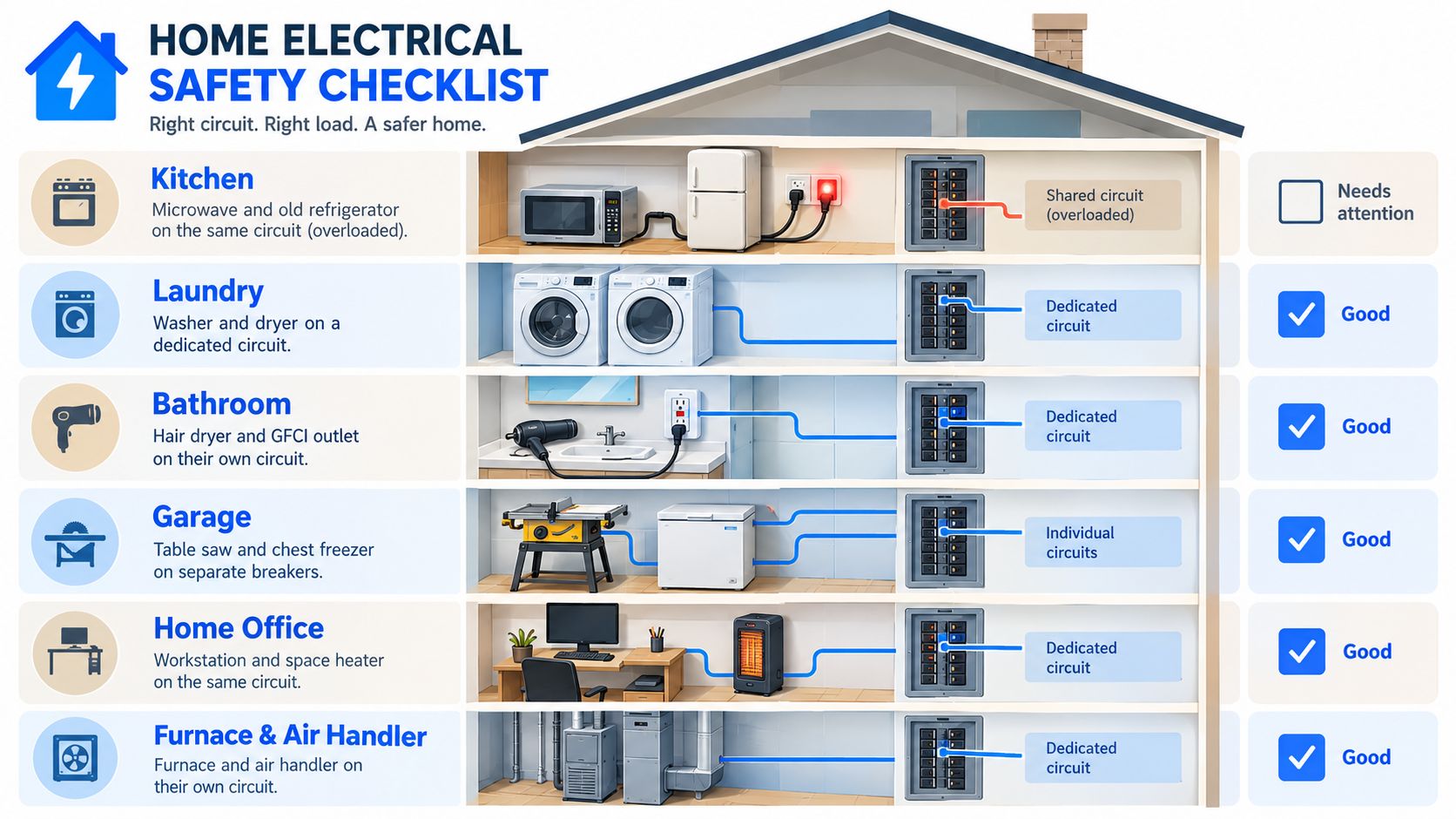 An infographic showing a home electrical safety checklist with examples of appliances on dedicated or overloaded circuits.