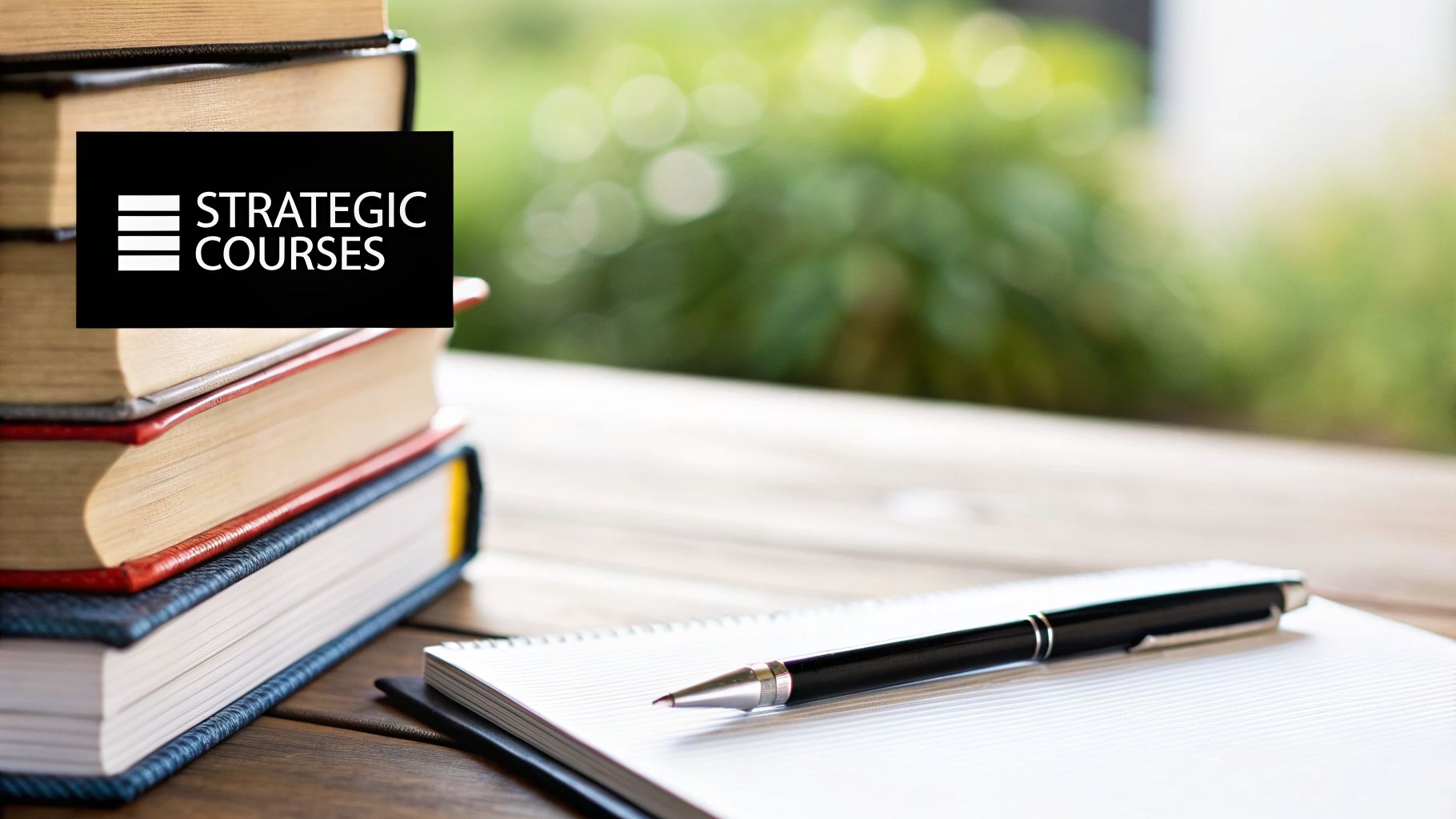 A stack of books and a notebook with a pen on a wooden desk, with a 'STRATEGIC COURSES' logo.