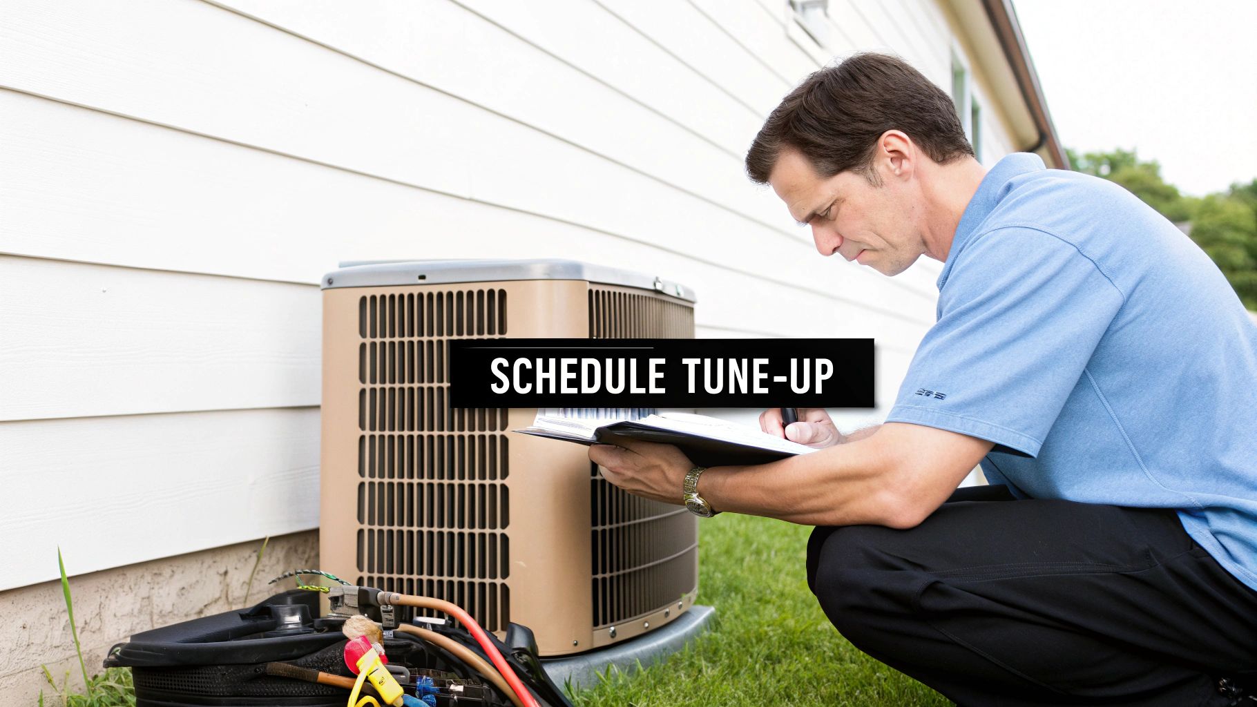 An HVAC technician crouches, inspecting an outdoor heat pump or AC unit while writing in a notebook.