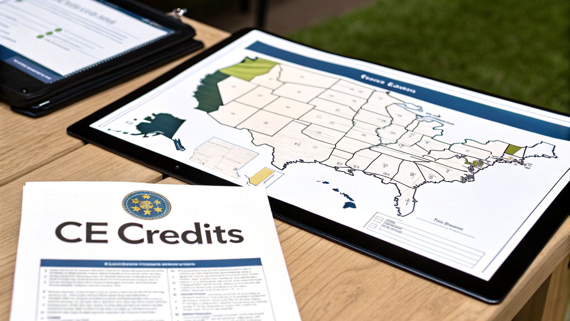 Documents detailing CE Credits and a tablet displaying a US map with highlighted certification states.