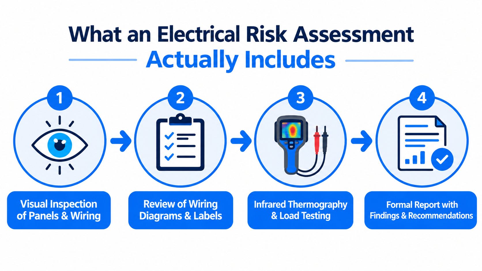 A four-step infographic showing the components of an electrical risk assessment, including visual inspection and thermal testing.