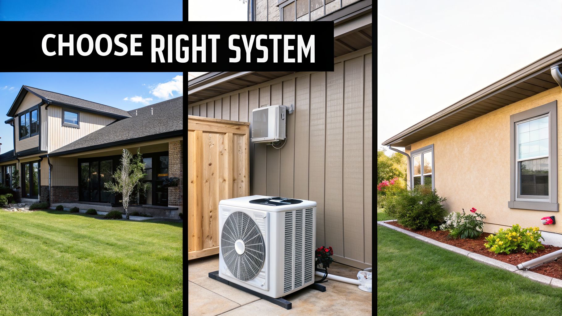 Three house exteriors with heat pumps and mini-split units, featuring the text 'CHOOSE RIGHT SYSTEM'.