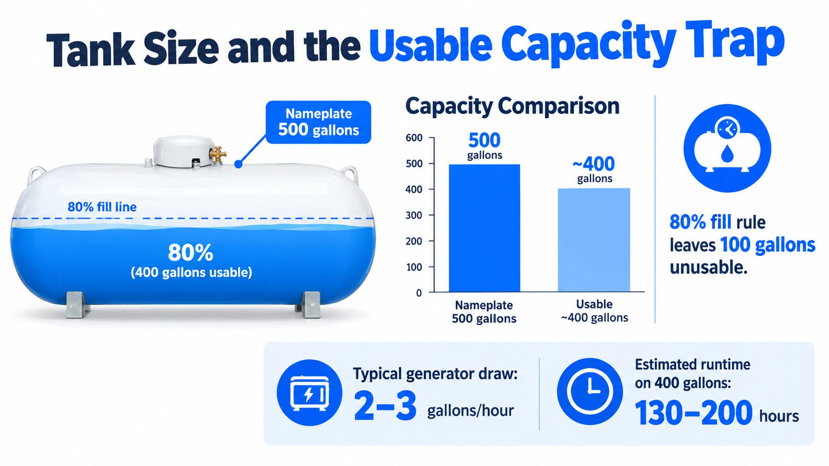 An infographic showing that a 500-gallon propane tank has 400 gallons of usable capacity for generators.