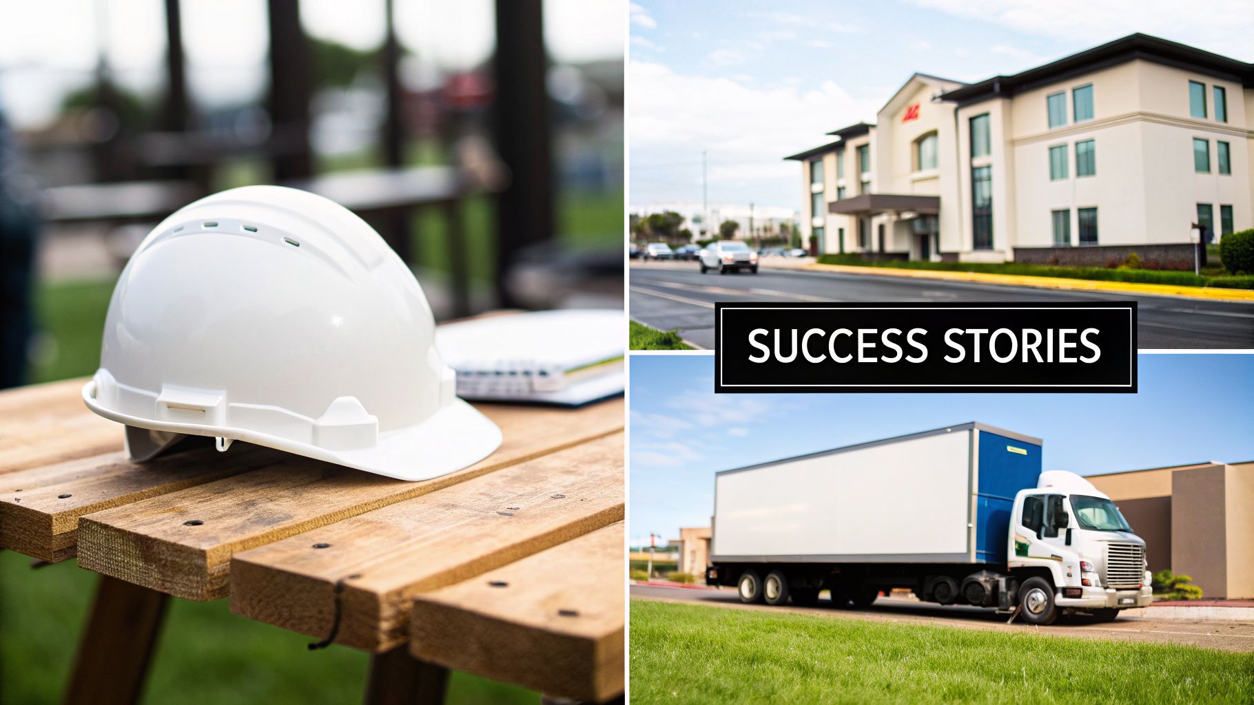 A collage showing a white hard hat on a wooden table, a commercial building with 'SUCCESS STORIES' text, and a delivery truck.