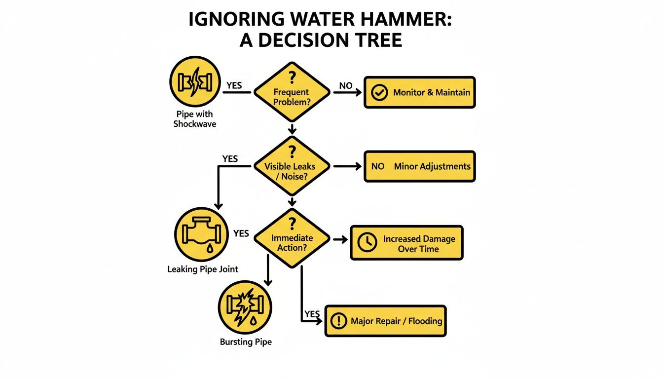 Decision tree illustrating consequences of ignoring water hammer problems in pipes, leading to flooding.