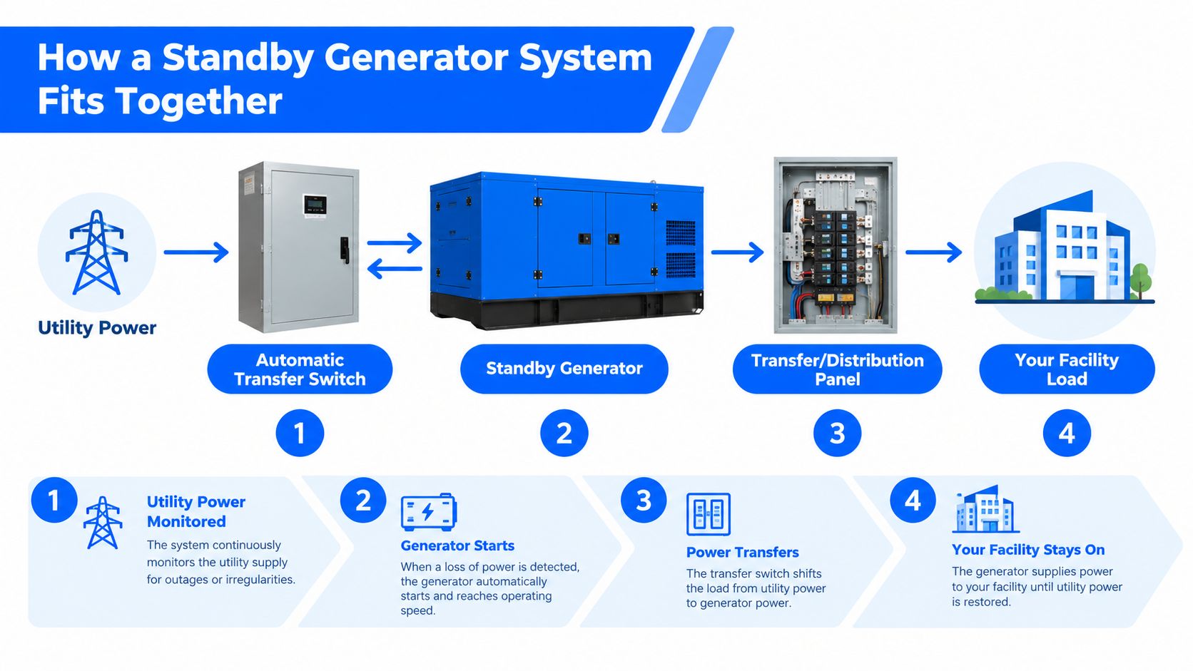 A diagram illustrating how a standby generator system transfers power to a facility during utility outages.
