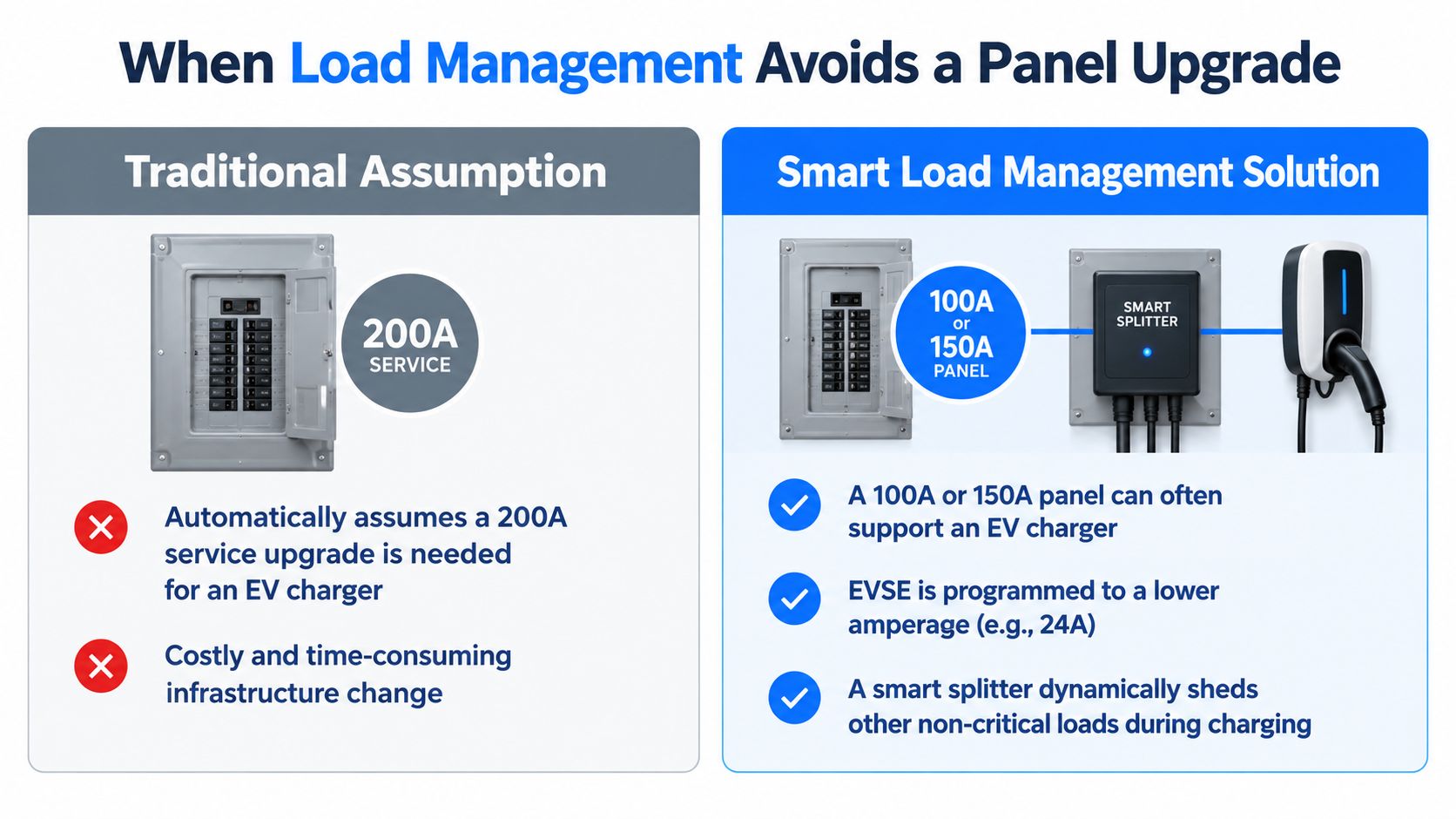 A comparison graphic showing how smart load management avoids the need for expensive home electrical panel upgrades.