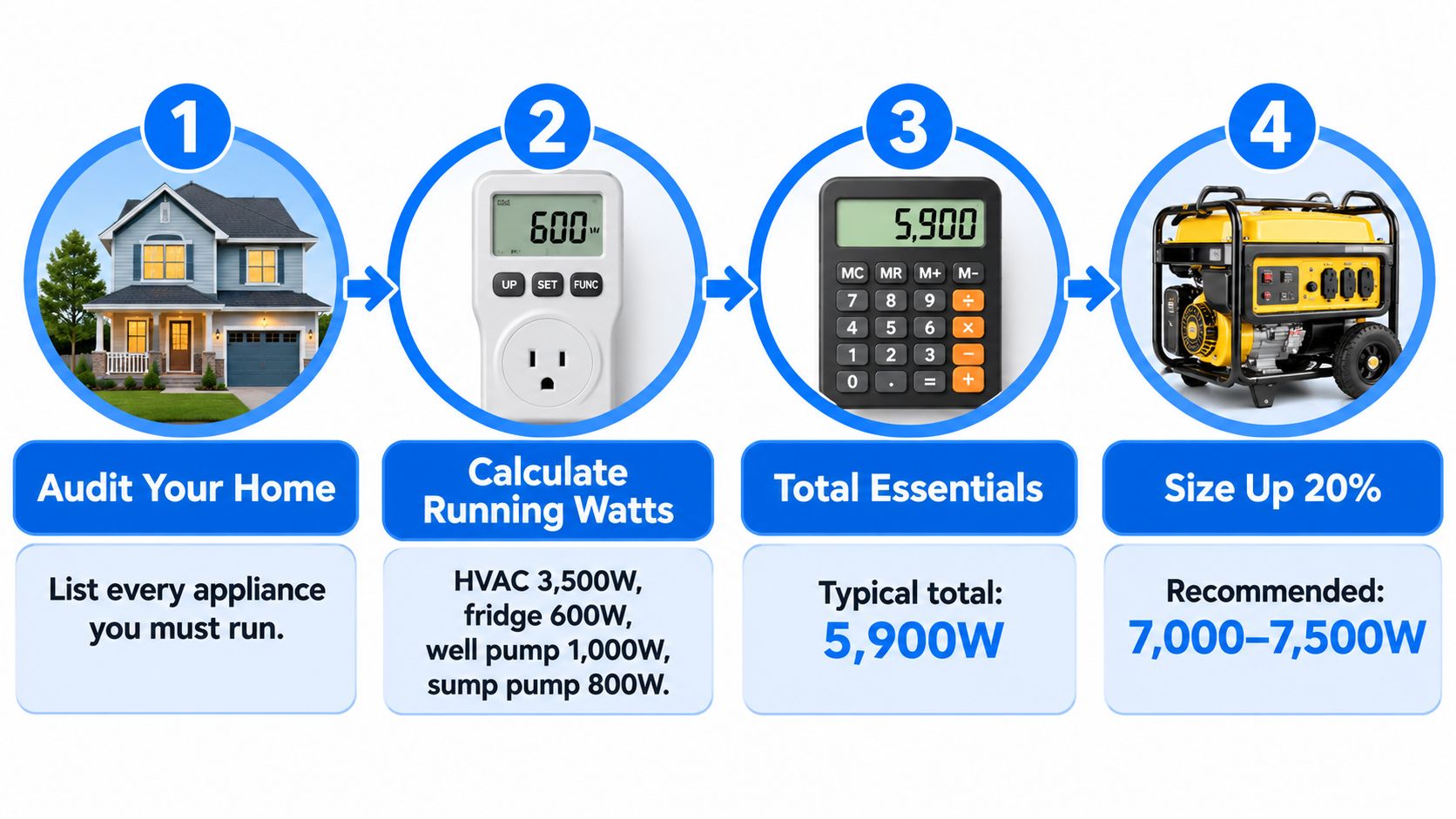 A four-step infographic showing how to calculate the power requirements to select the right home generator.