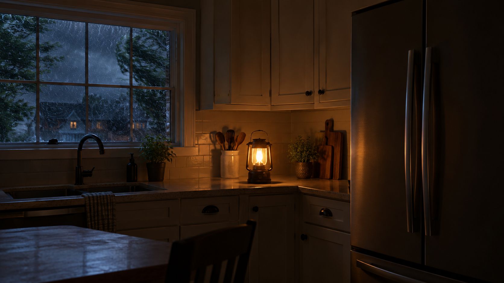 A cozy kitchen illuminated by a vintage lantern during a dark, stormy night seen through the window.
