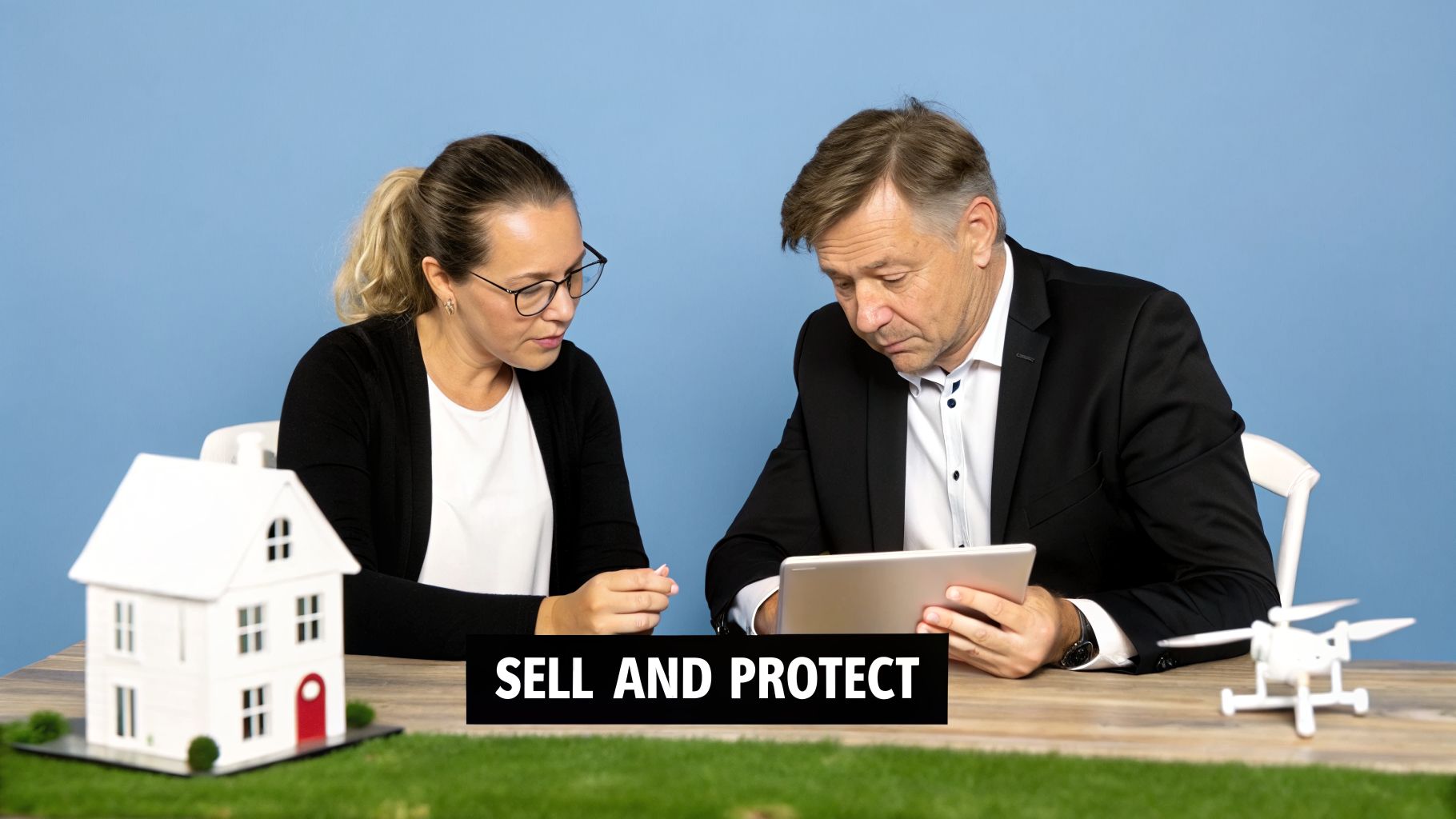 Two professionals review a tablet with a model house and drone, discussing real estate and asset protection.