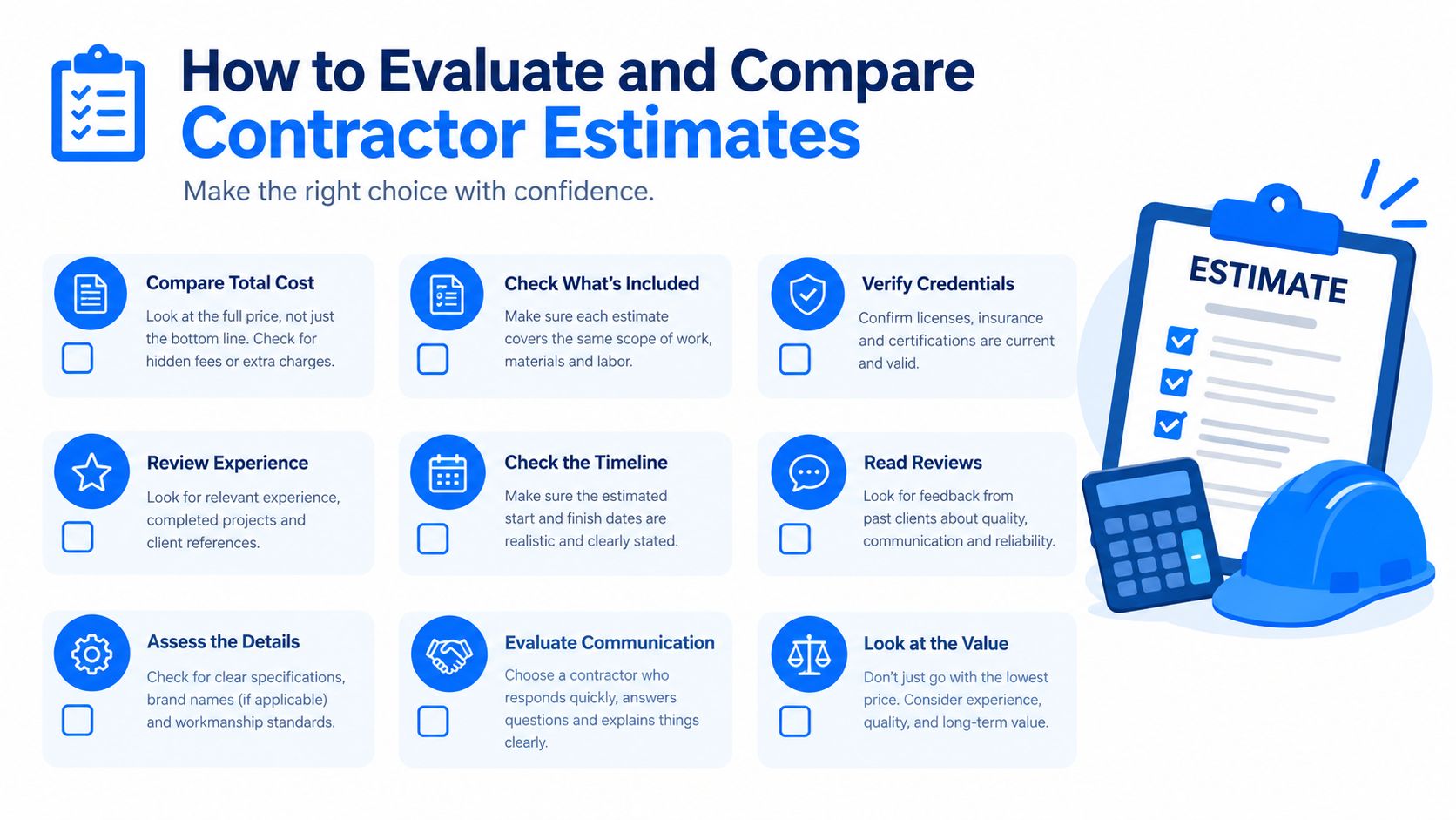 An infographic titled How to Evaluate and Compare Contractor Estimates with nine tips for homeowners.