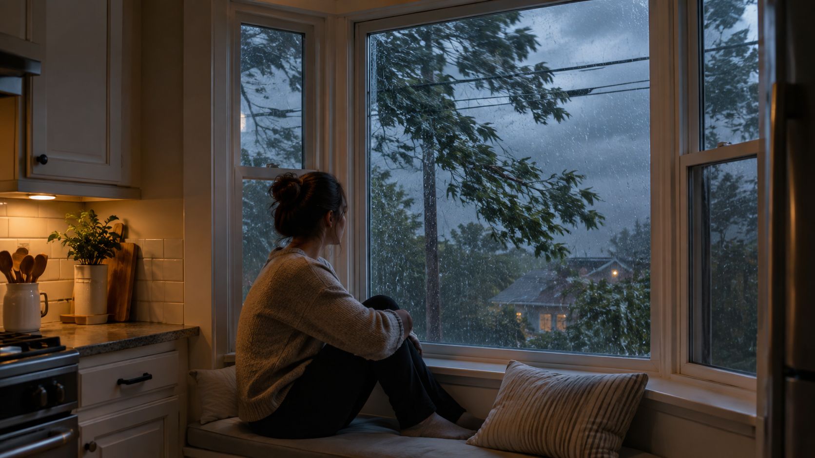 A woman sits by a kitchen window watching a stormy rain shower from the comfort of home.