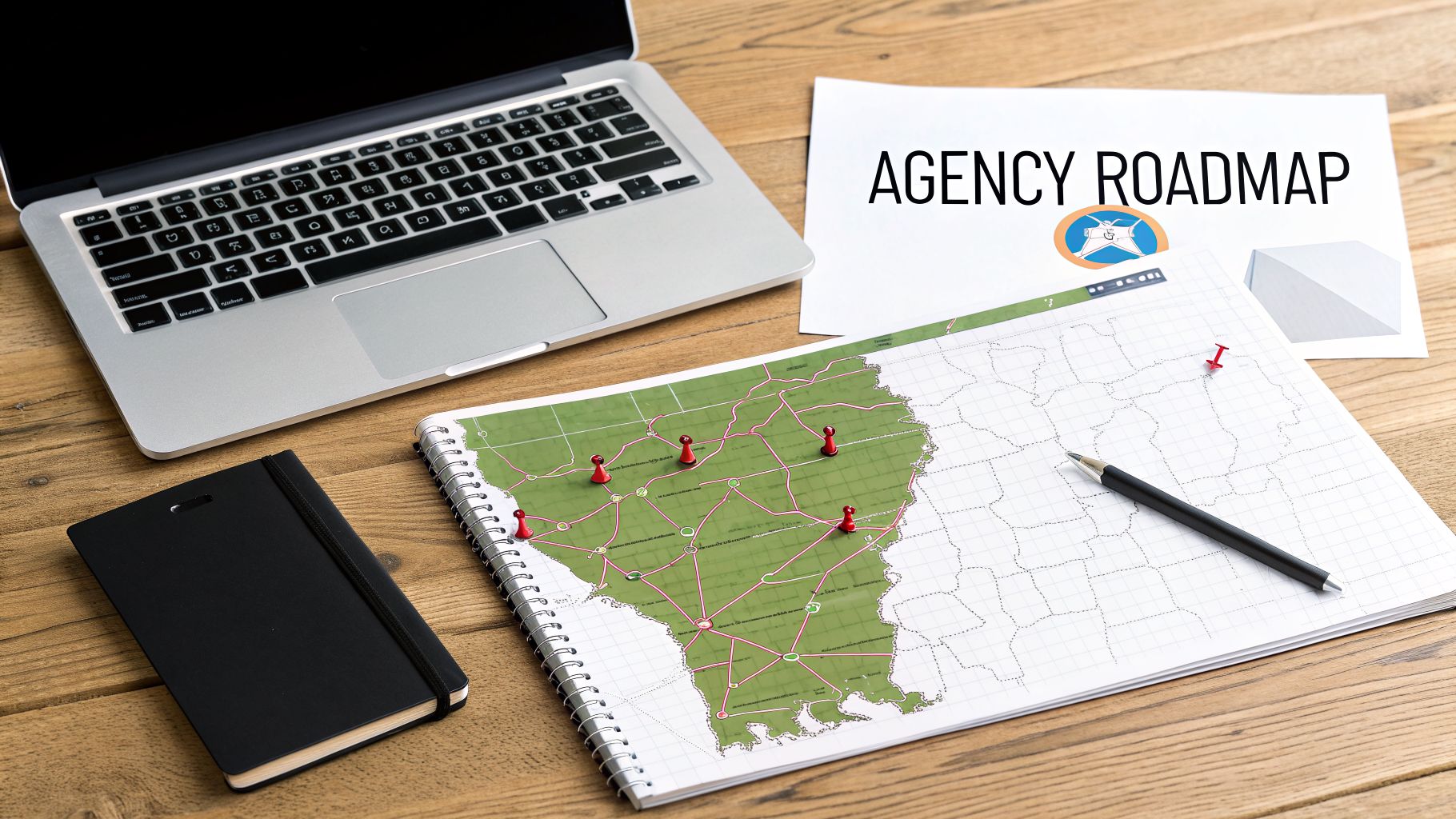 Overhead shot of a workspace with a laptop, 'AGENCY ROADMAP' document, notebook, and map with pins.