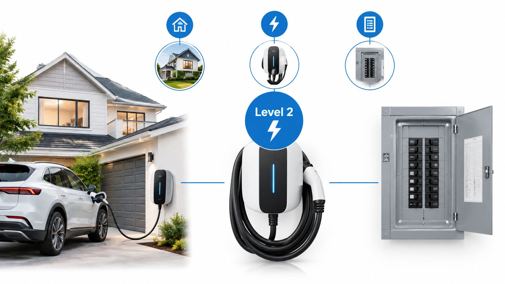 A diagram demonstrating a Level 2 electric vehicle charger connected from a home circuit breaker to a car.
