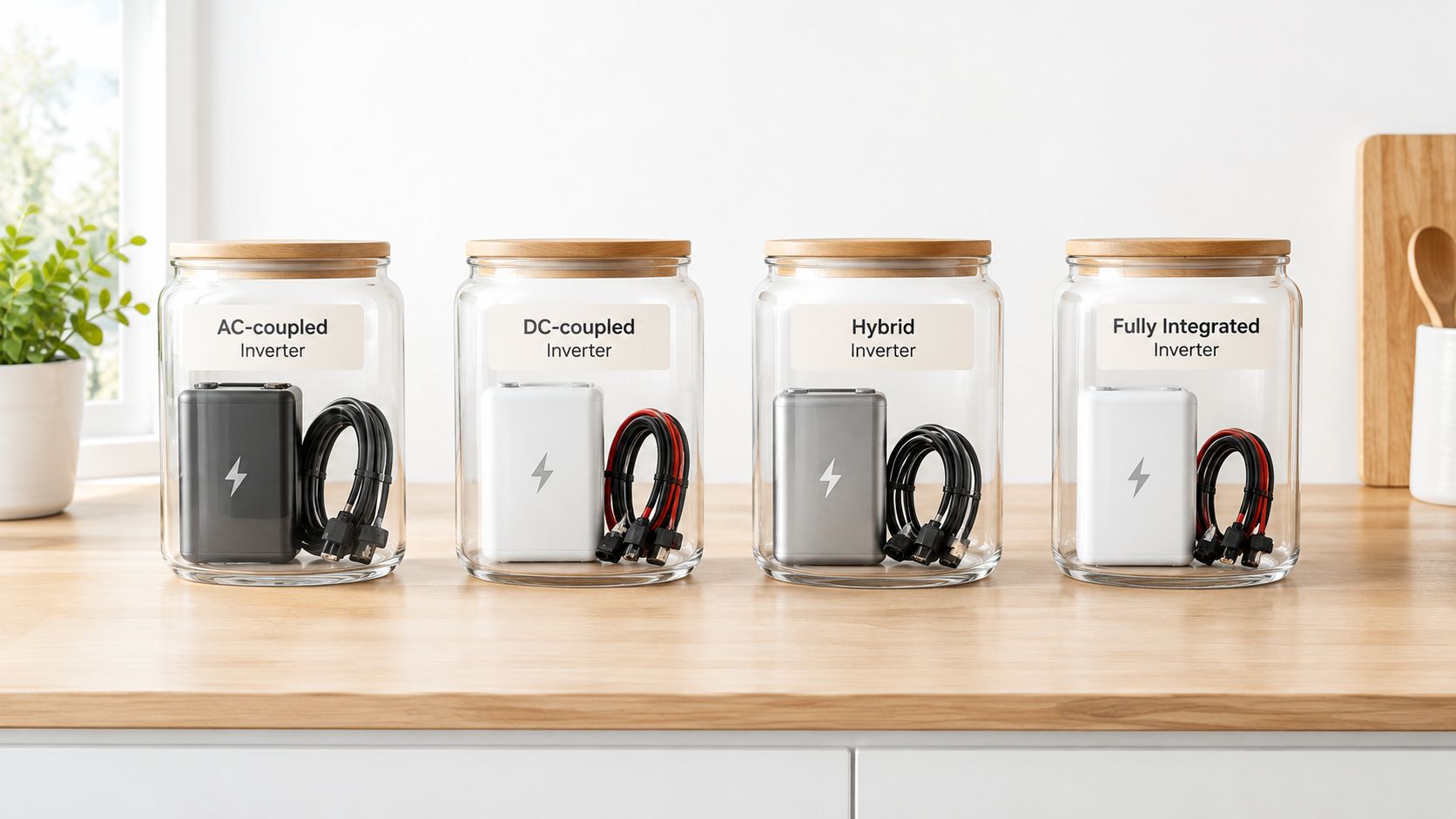 Four glass jars on a wooden counter, each containing a different type of home battery inverter device.