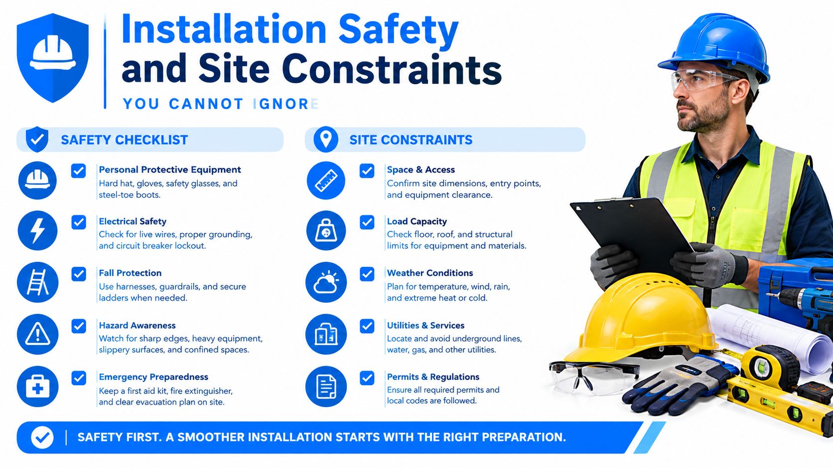 A construction site worker holding a checklist next to a safety checklist and site constraints graphic.