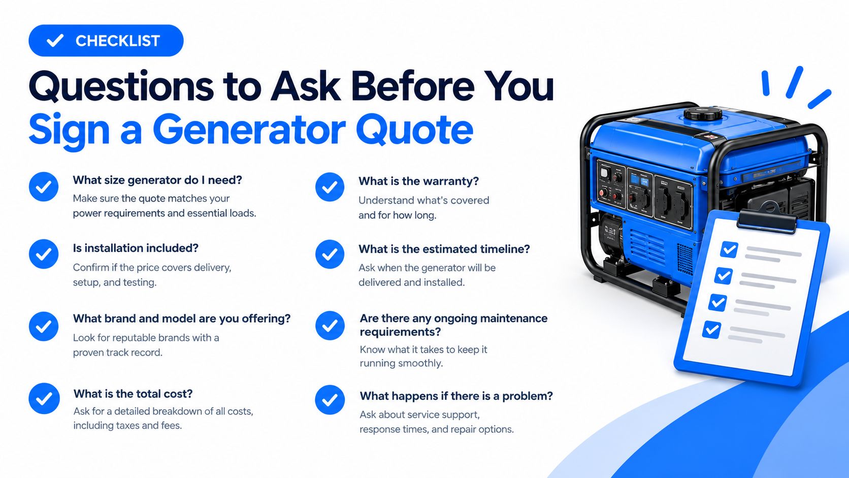 A checklist for homeowners asking important questions before signing a contract for generator installation services.