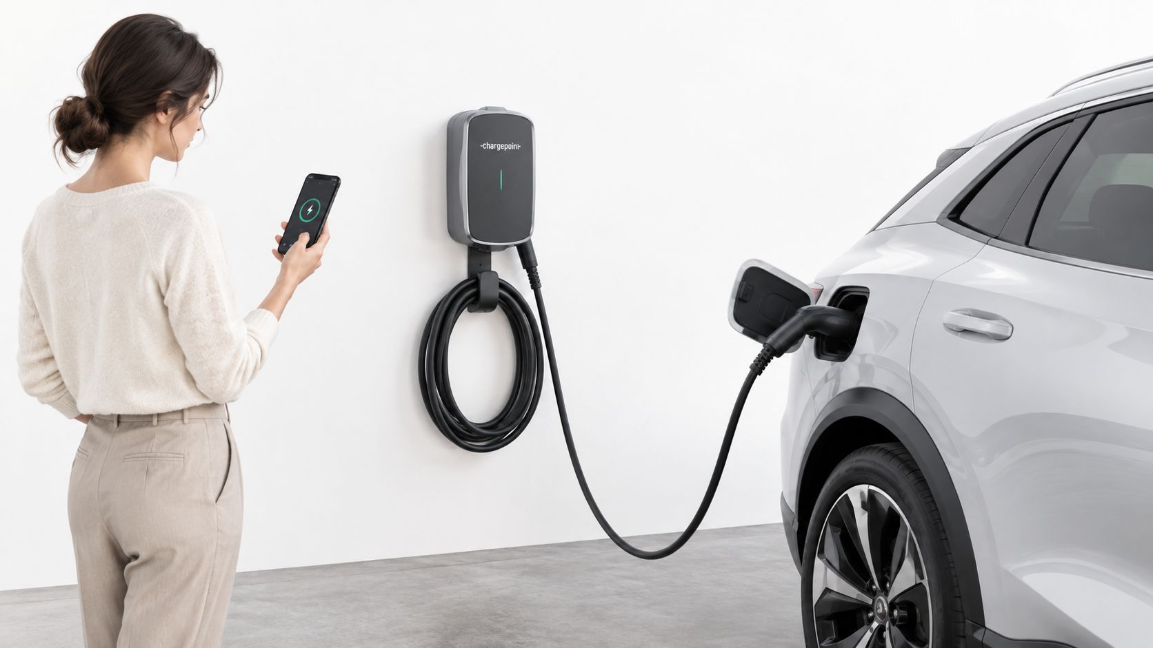 A woman using her smartphone to manage an electric vehicle charging session at home.