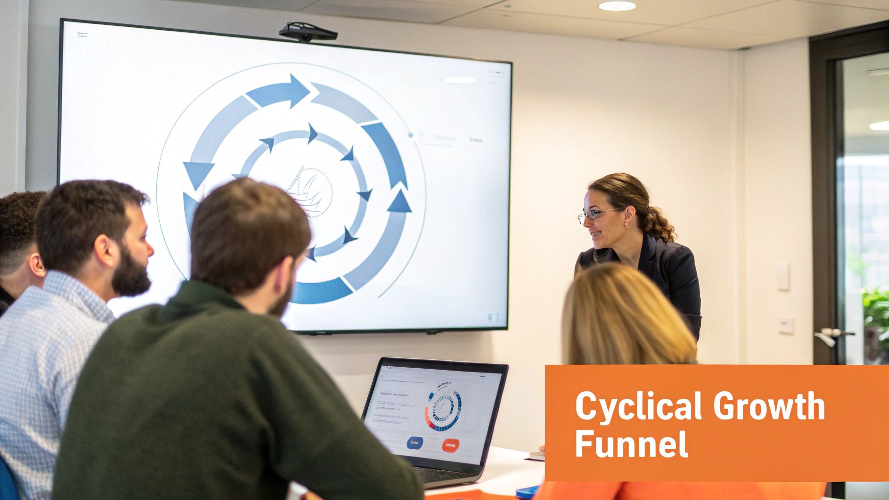 Smiling woman presents a cyclical growth funnel diagram to attentive colleagues in a modern office.