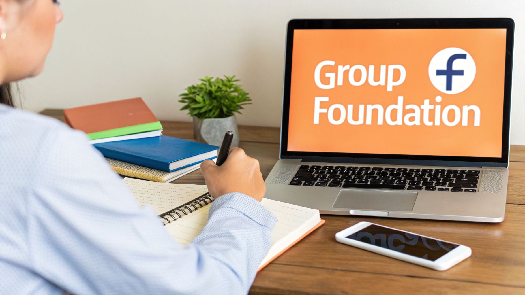 A person writing notes in a spiral notebook while working on a laptop displaying 'Group Foundation' and the Facebook logo.