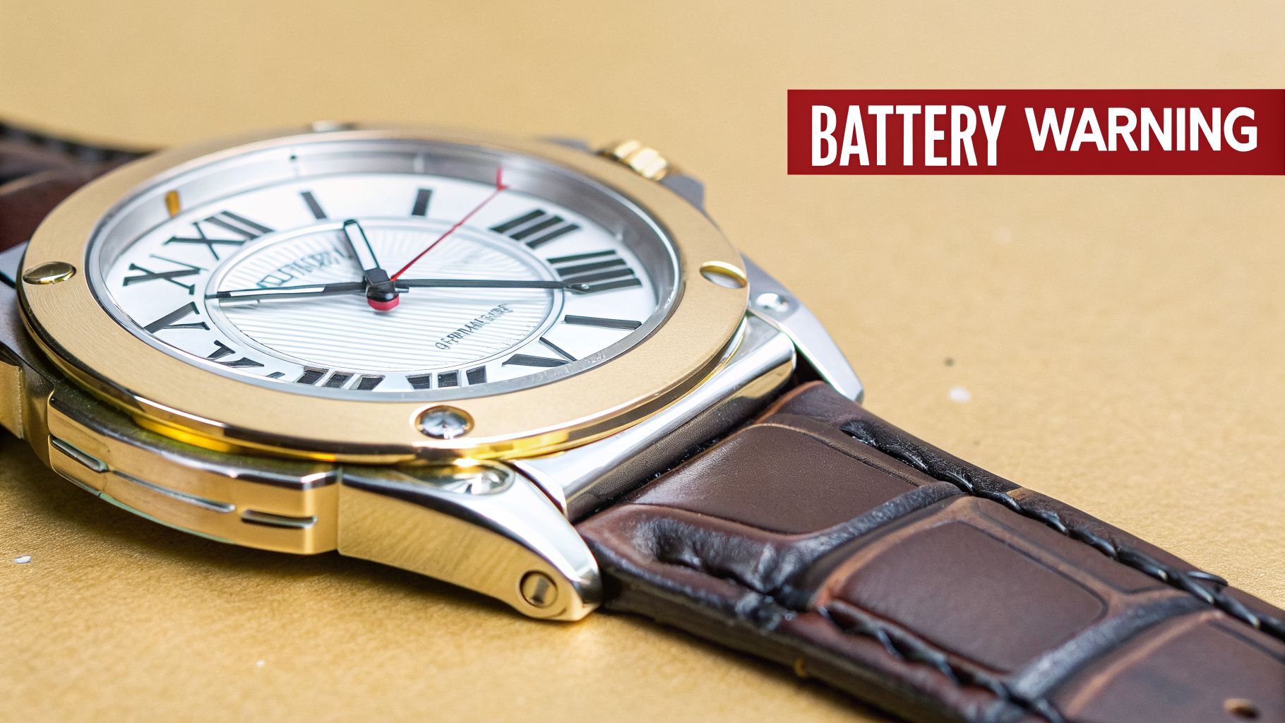 Close-up of a stylish gold and silver watch with a brown leather strap and a battery warning.