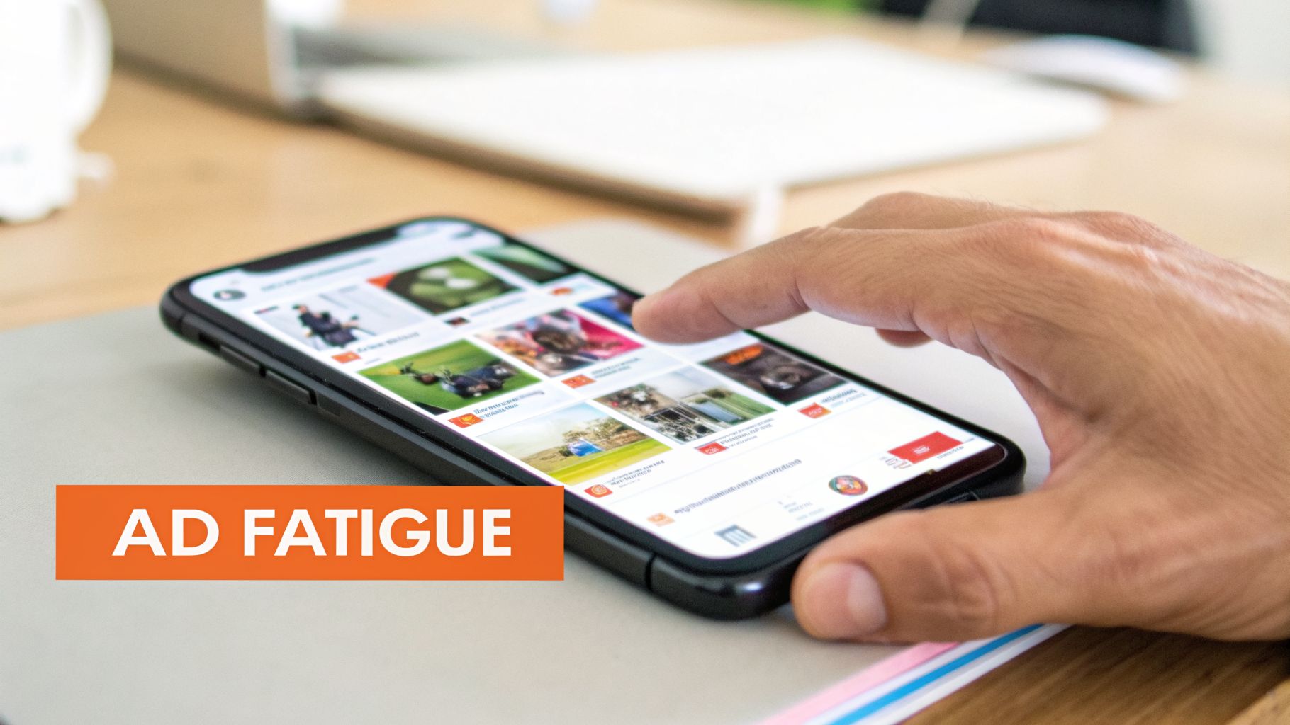 A hand scrolls on a smartphone screen displaying a grid of images, with an "AD FATIGUE" overlay in the foreground.