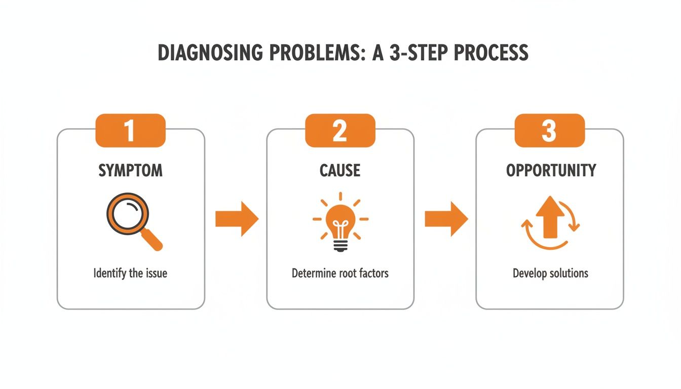 A 3-step process for diagnosing problems: Symptom, Cause, and Opportunity, with icons.