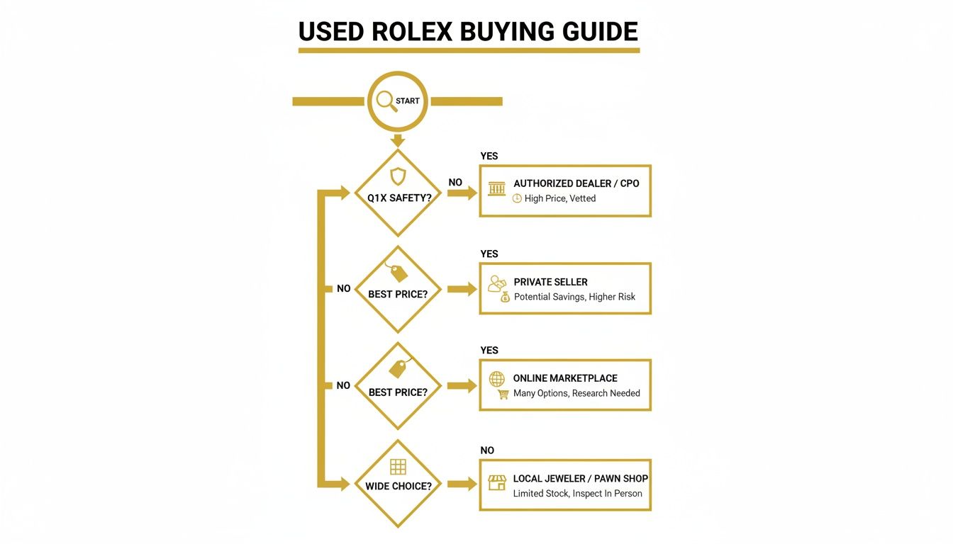 Flowchart outlining a used Rolex buying guide, considering safety, price, and selection.