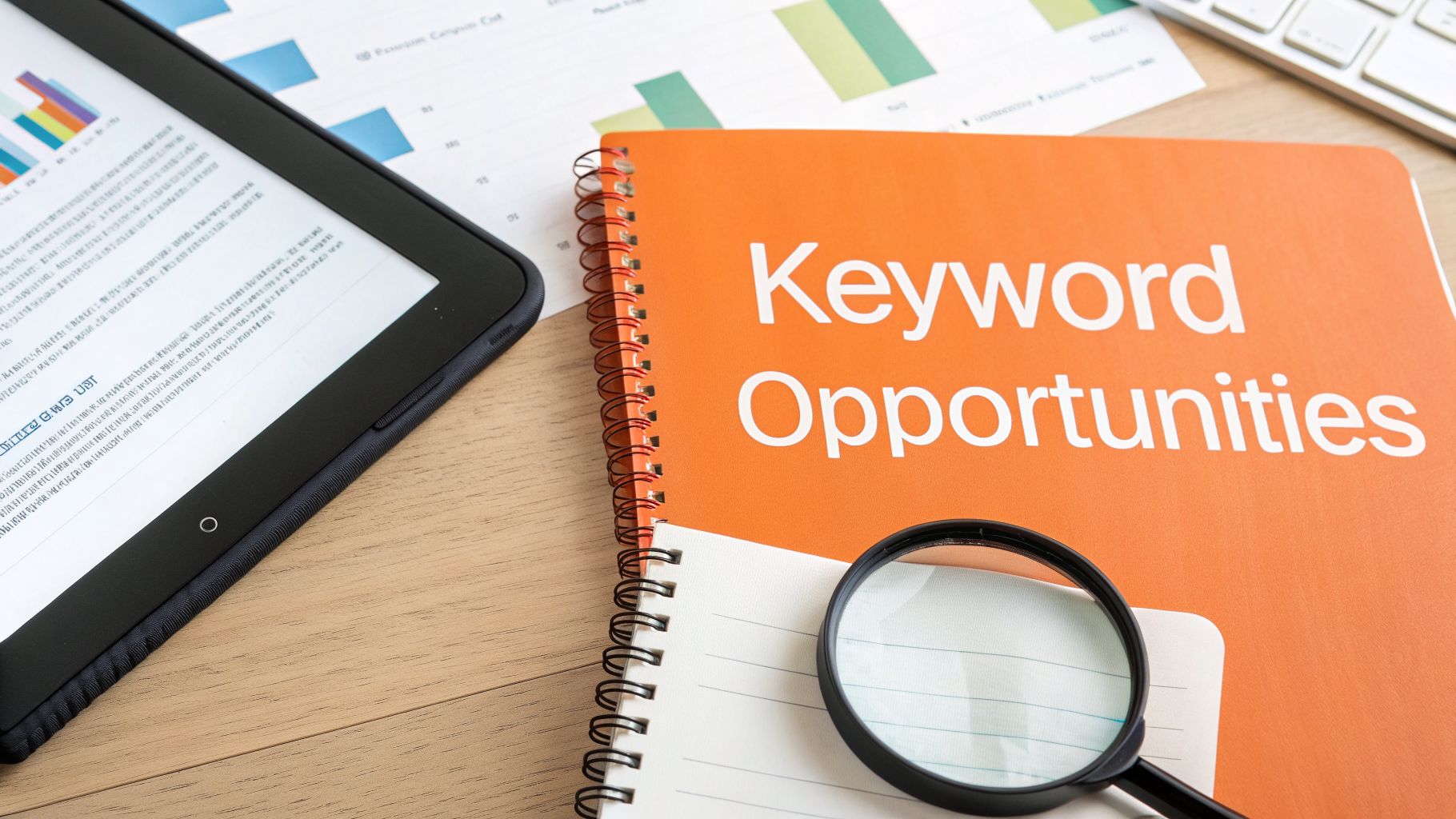 Desk setup with a 'Keyword Opportunities' notebook, tablet showing graphs, and a magnifying glass.
