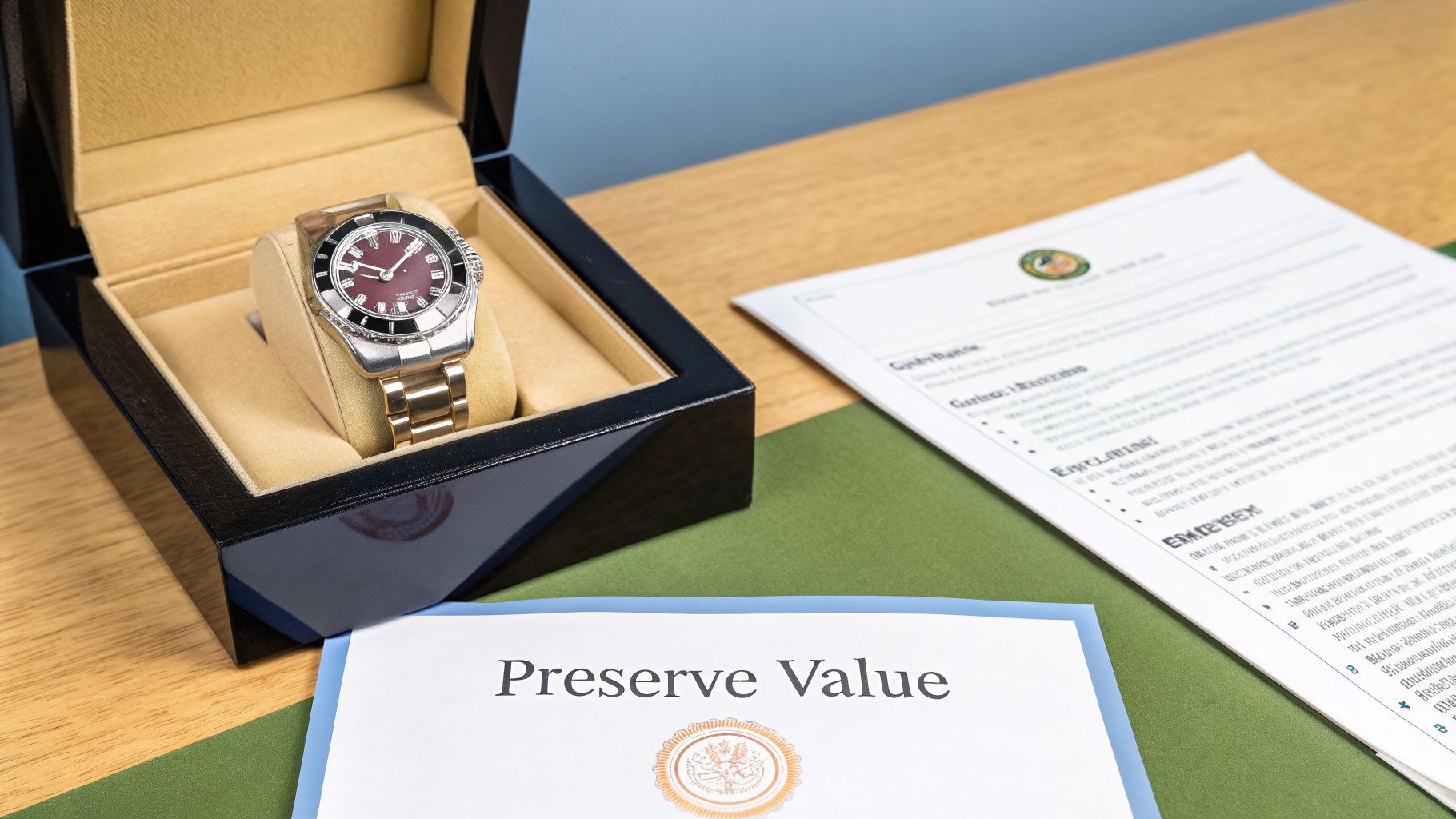 Elegant watch in presentation box, alongside documents about preserving its value on a wooden desk.