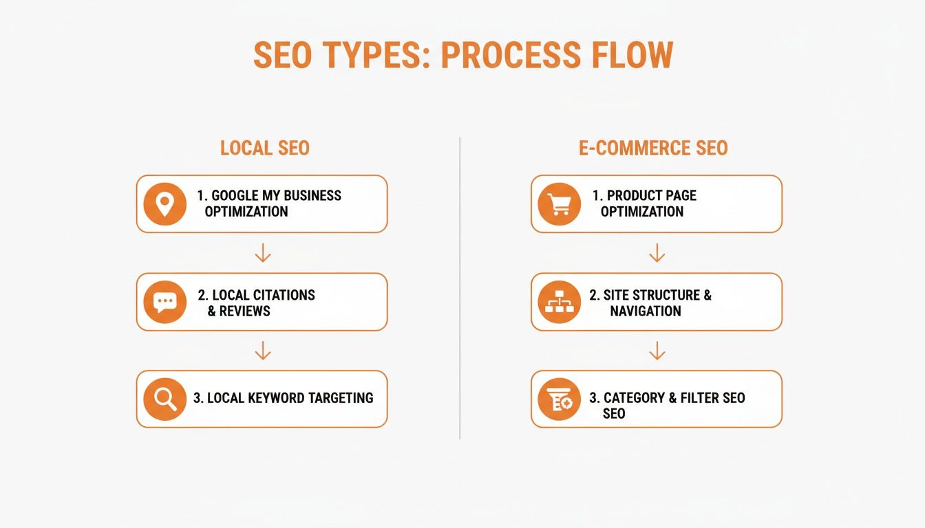 A process flow diagram comparing Local SEO and E-commerce SEO strategies with their respective steps.