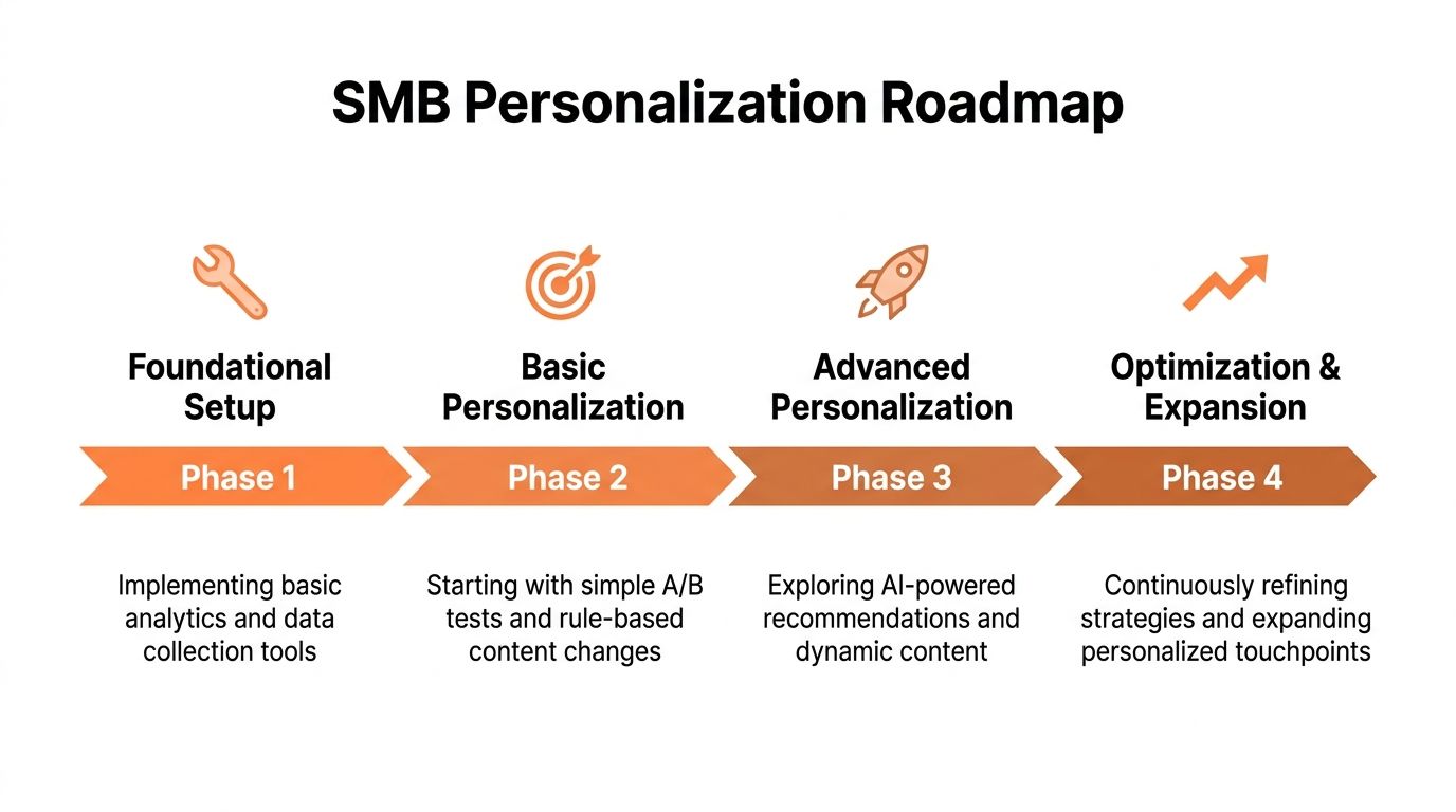 A four-phase SMB personalization roadmap infographic showing stages from foundational setup to optimization and expansion.