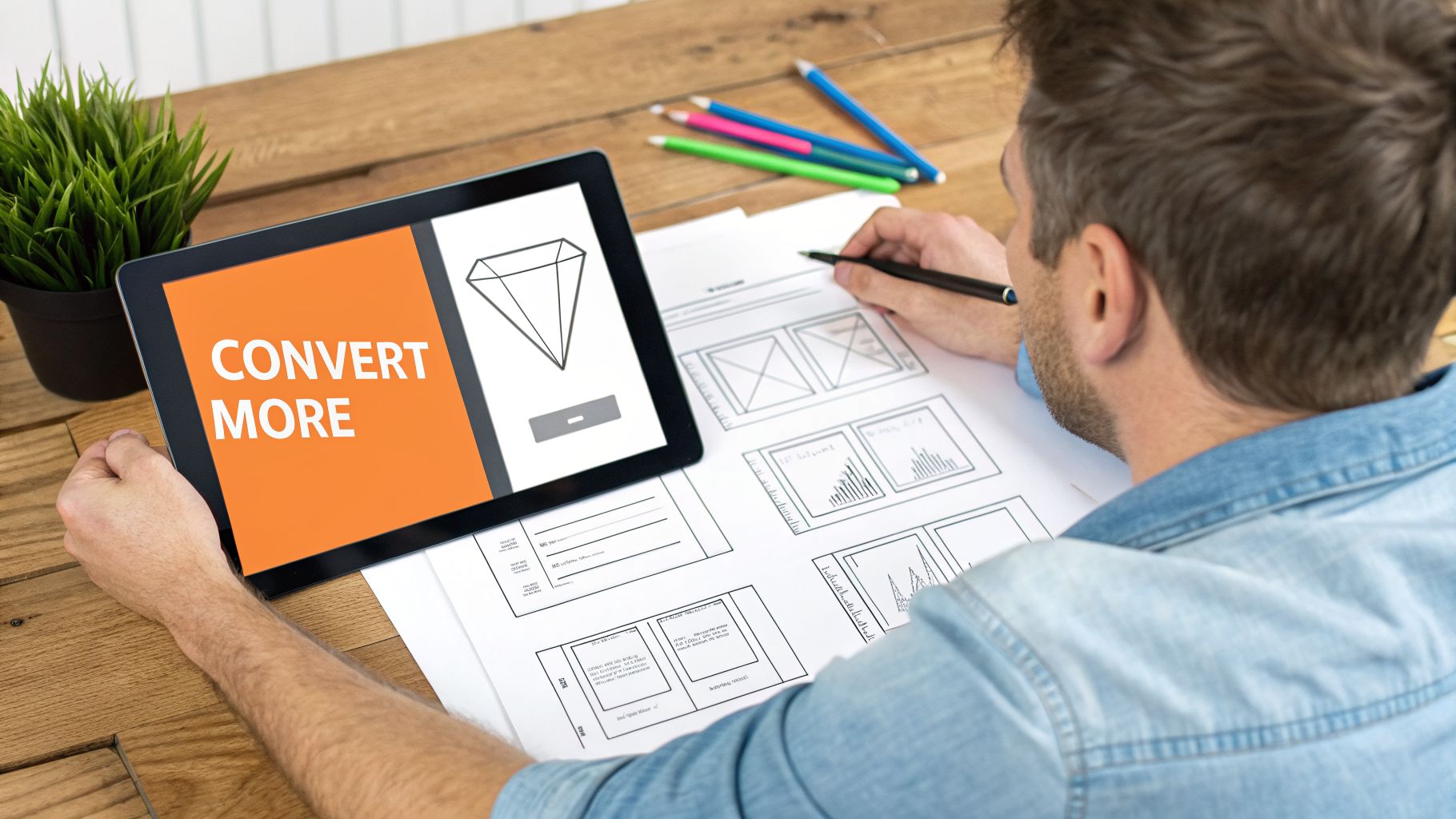 Man optimizes website conversions, sketching wireframes and viewing 'CONVERT MORE' on a tablet screen.