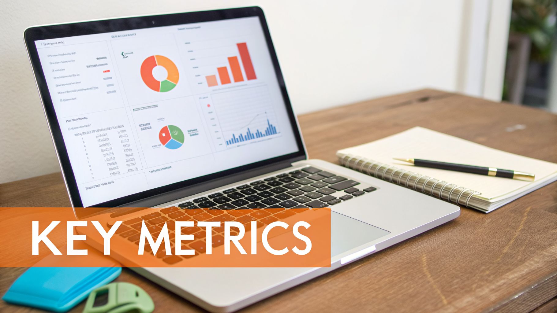 A laptop displaying data analytics, charts, and graphs with a notebook and pen on a desk.