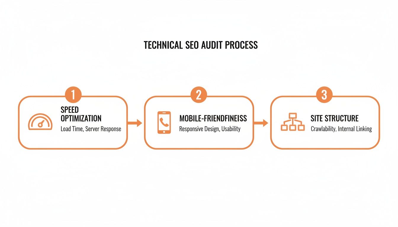 A three-step technical SEO audit process showing speed optimization, mobile-friendliness, and site structure.