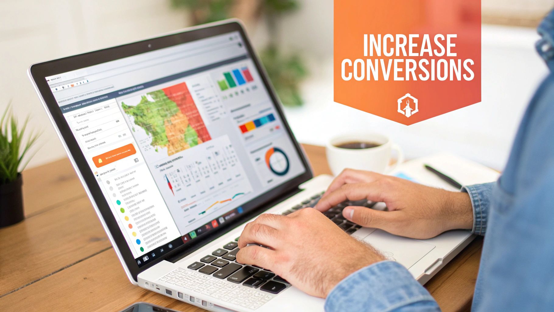 Person typing on a laptop displaying marketing data dashboards and charts with a "INCREASE CONVERSIONS" banner.