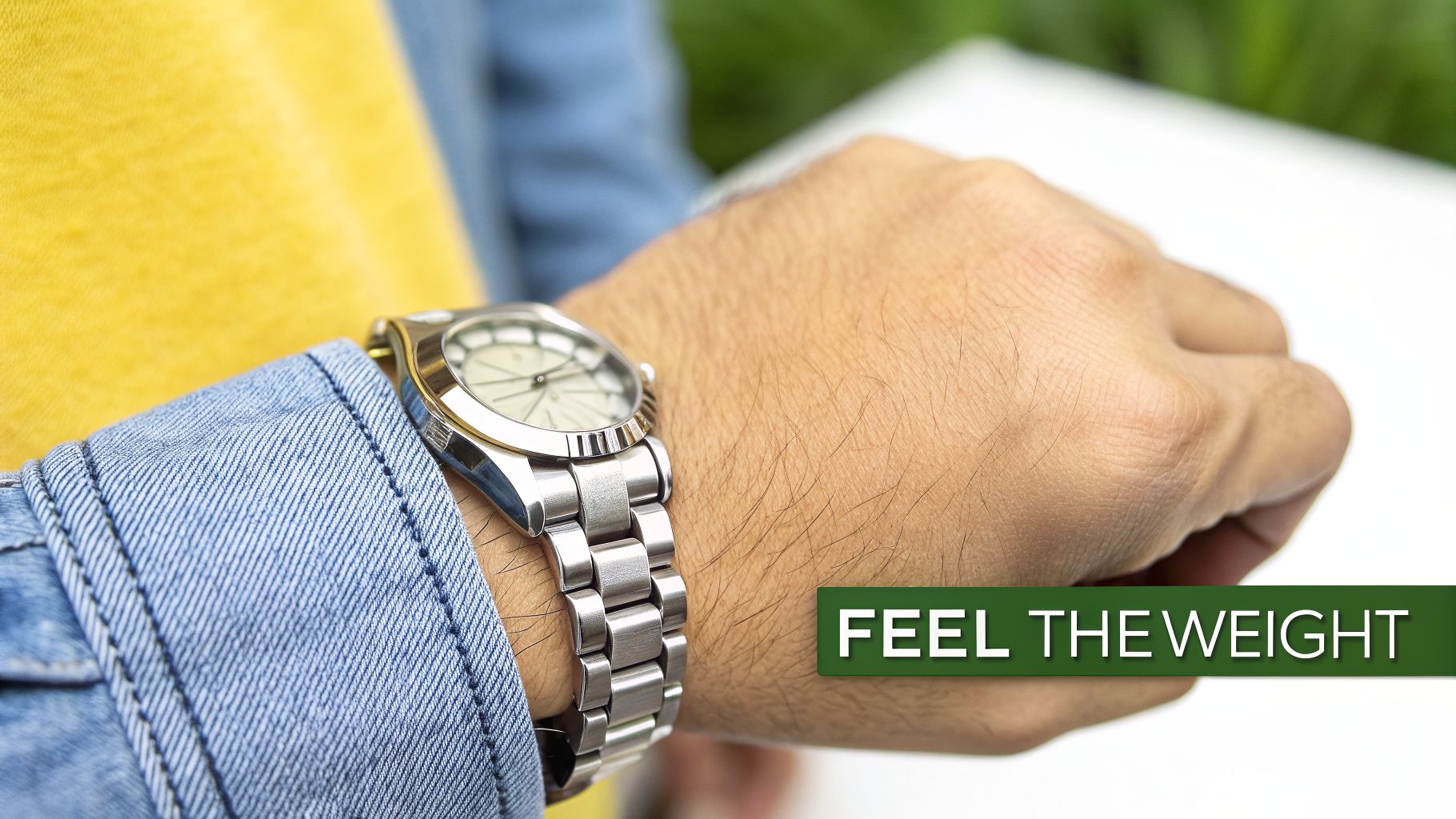 A person's wrist wearing a silver-toned metal watch with a denim shirt and yellow top.