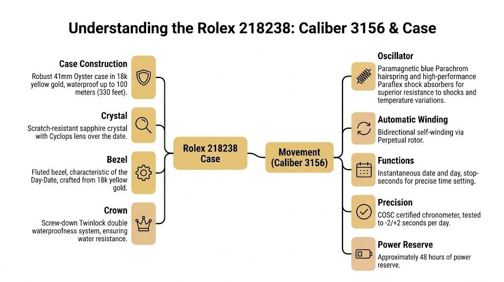 A detailed infographic explaining the technical specifications of the Rolex Day-Date 41mm 218238, highlighting the case and movement features.