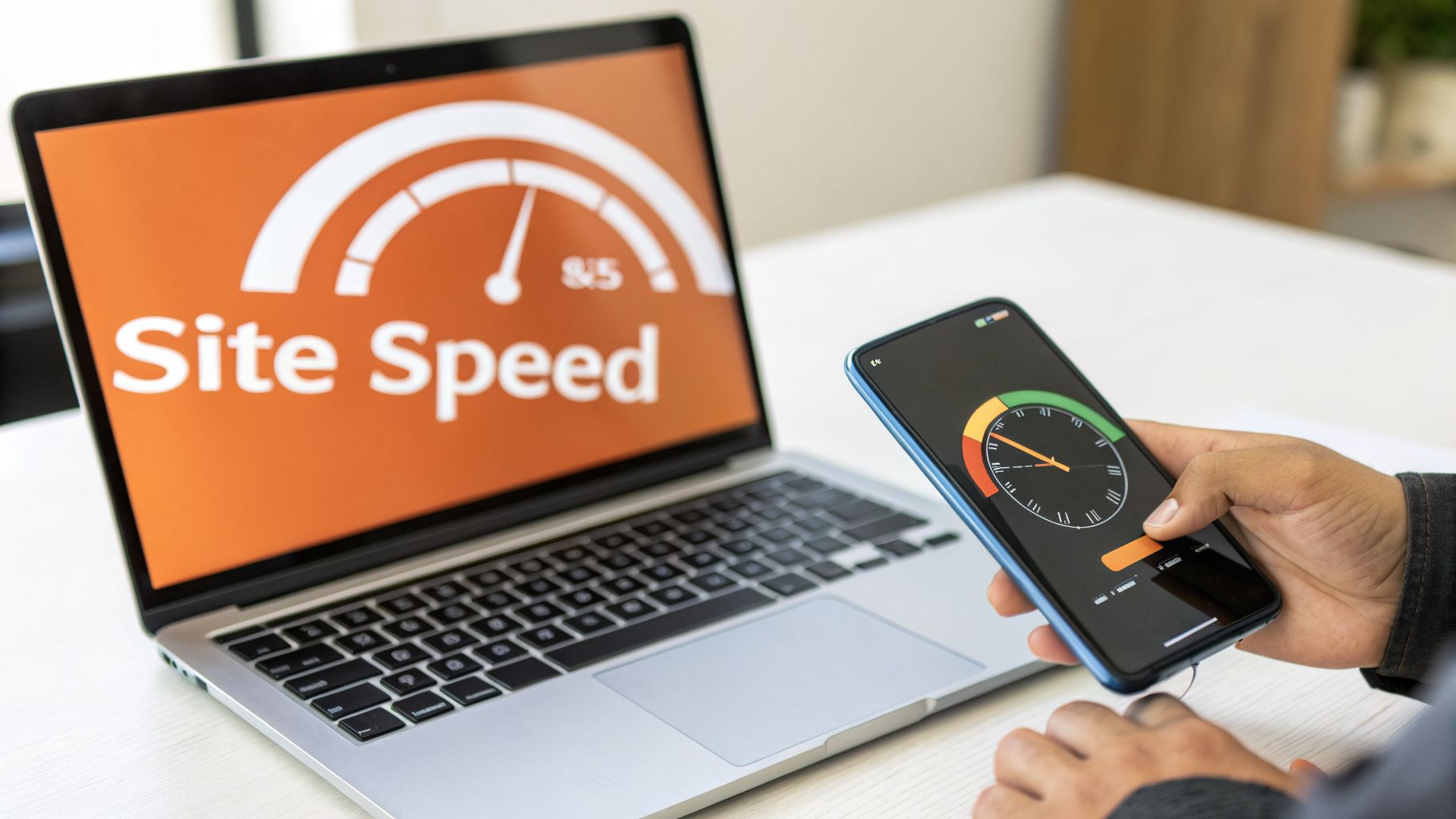 A person analyzes website speed and performance on a laptop and smartphone.