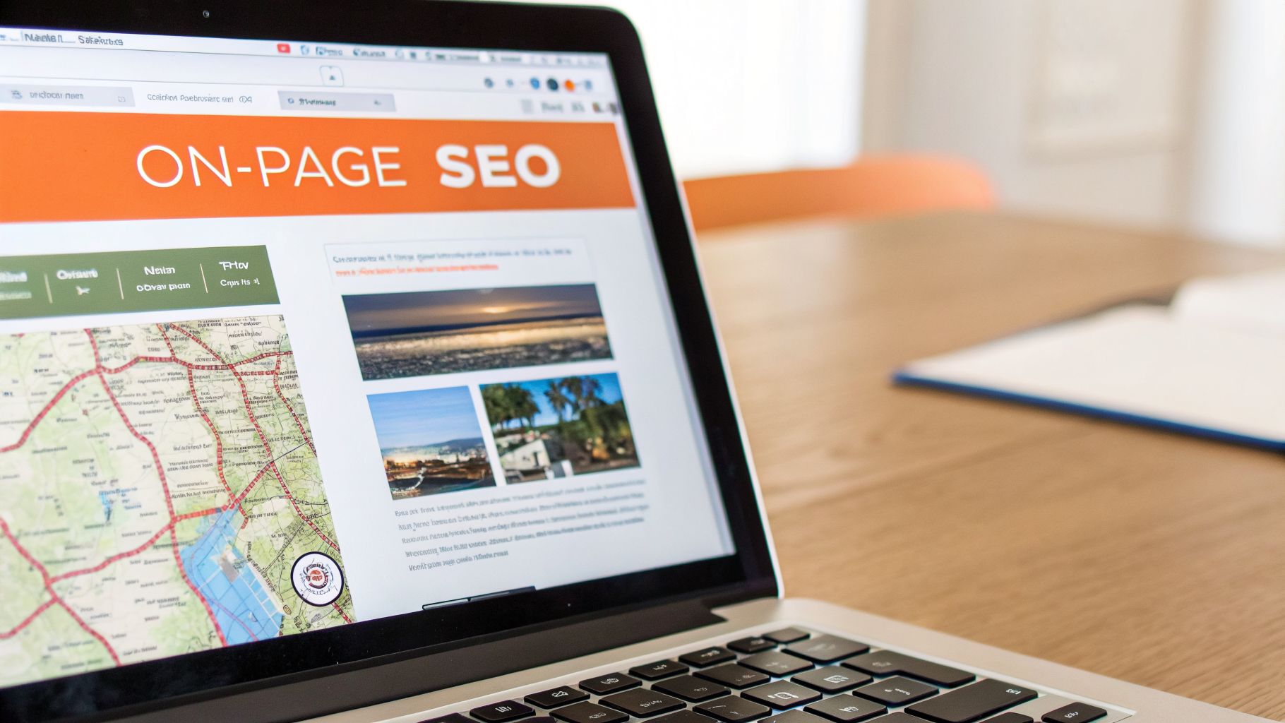 Close-up of a laptop screen showing a website titled "ON-PAGE SEO" with a map and images on a wooden desk.