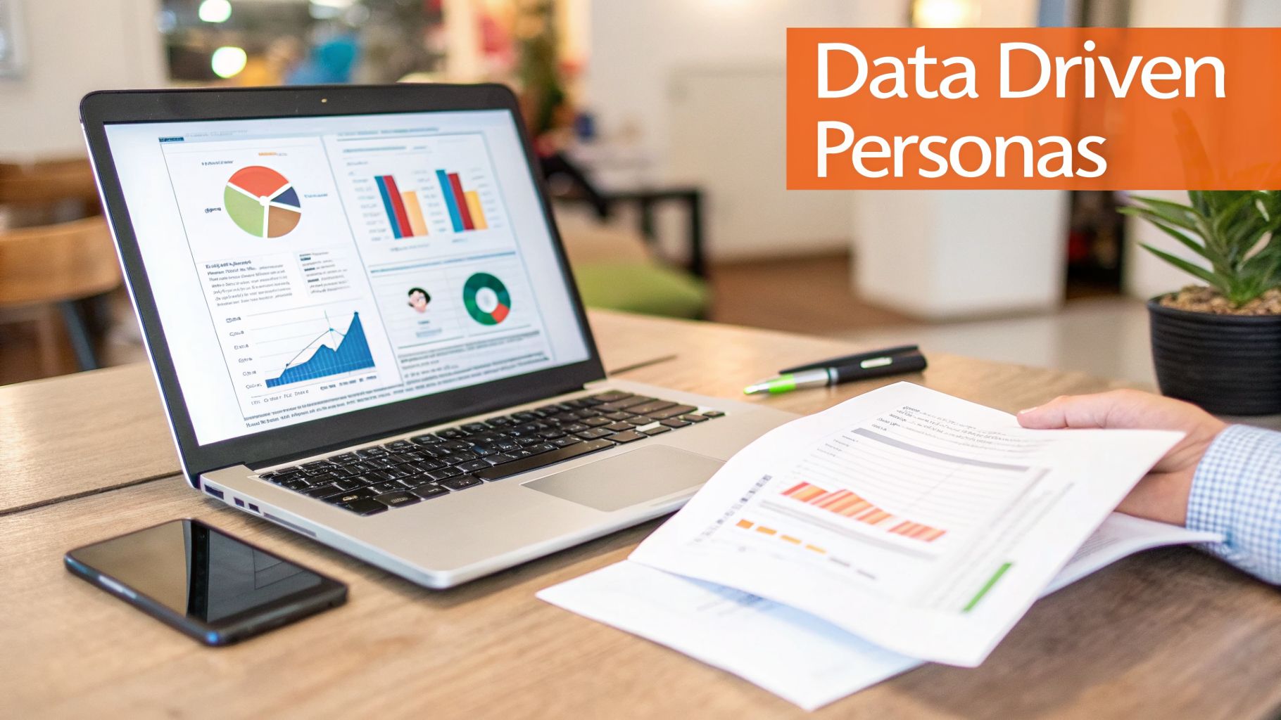 A person analyzing data on a laptop and printed documents with charts for data-driven personas.
