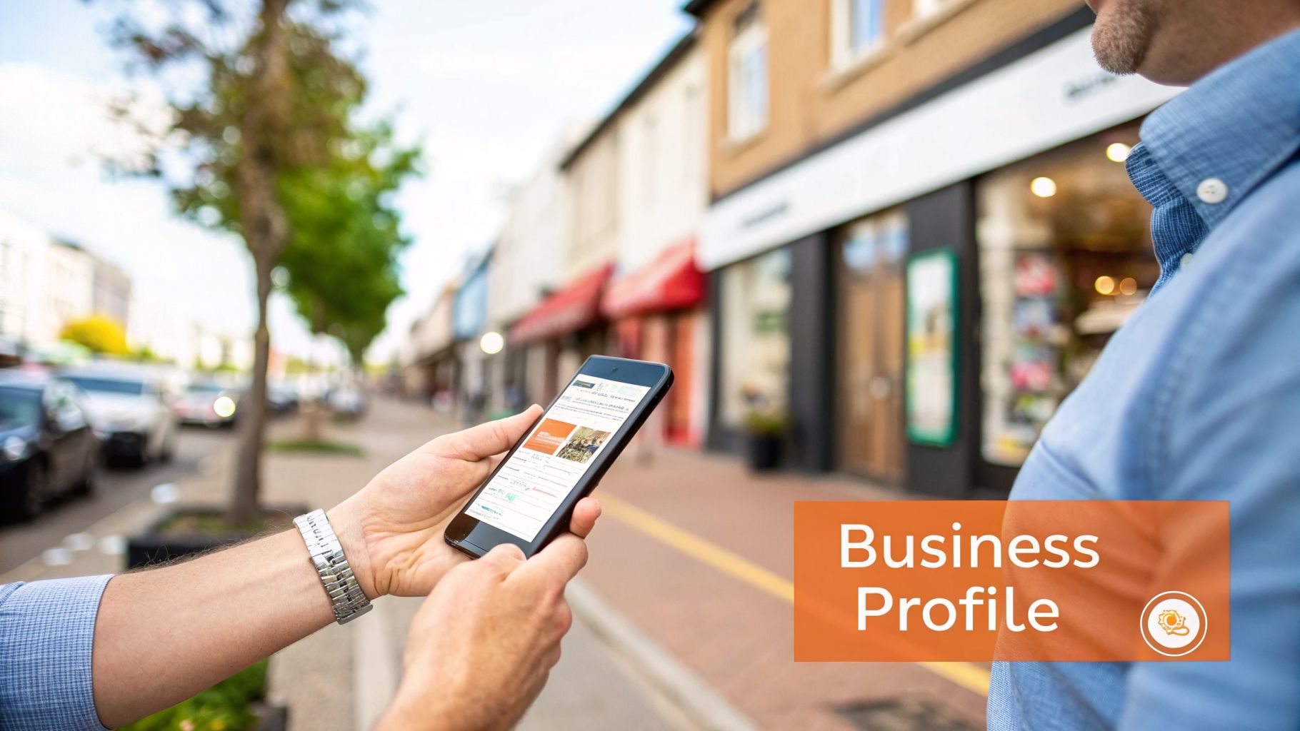 A person viewing a business profile on a smartphone application while walking on a street with stores.