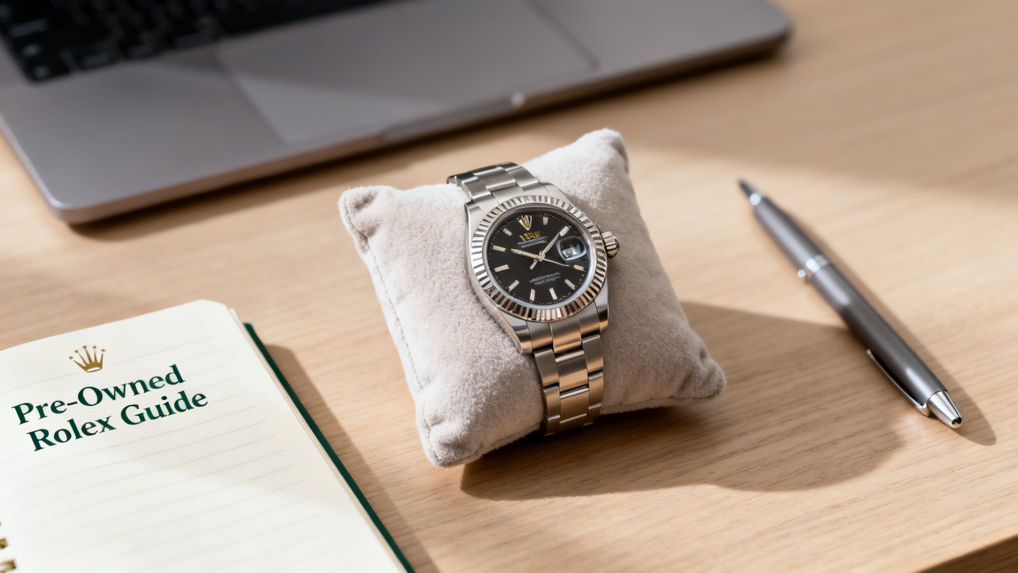 A silver Rolex watch displayed on a cushion, beside a 'Pre-Owned Rolex Guide' notebook on a desk.
