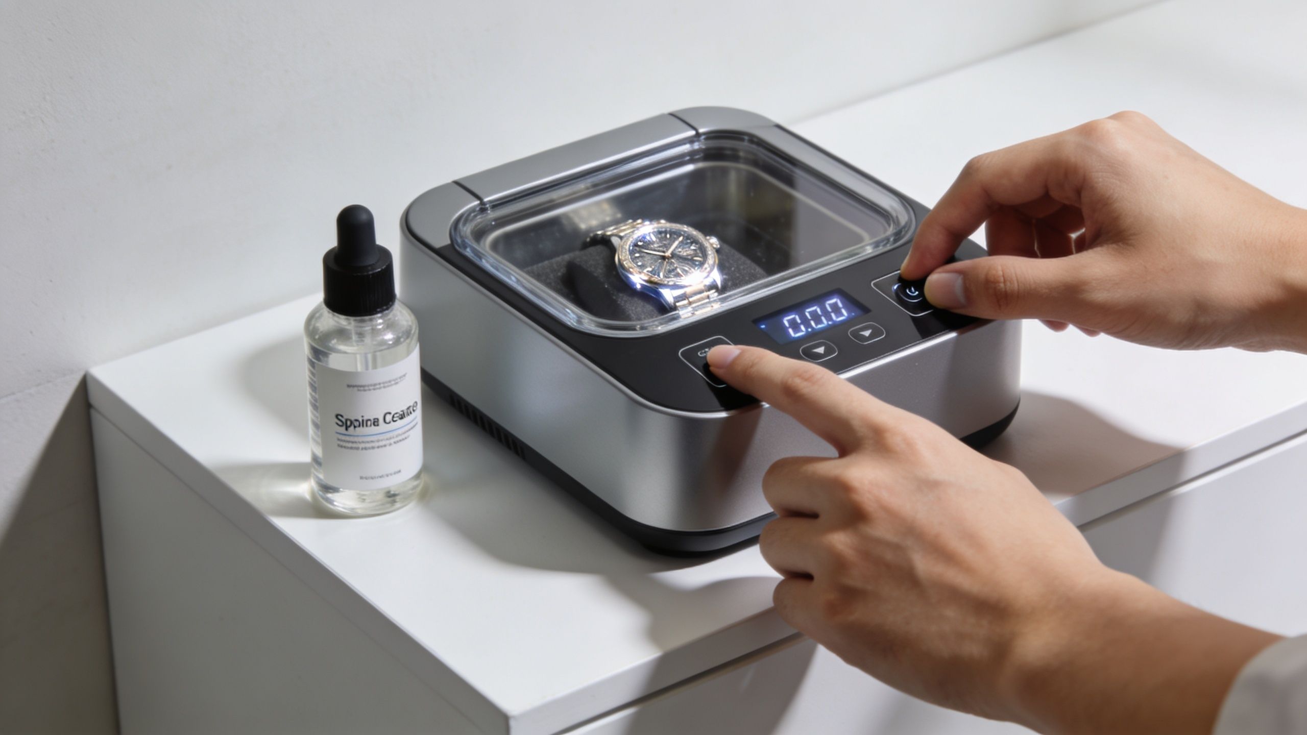 A person uses their fingers to operate the control panel of an ultrasonic watch cleaner machine on a desk.
