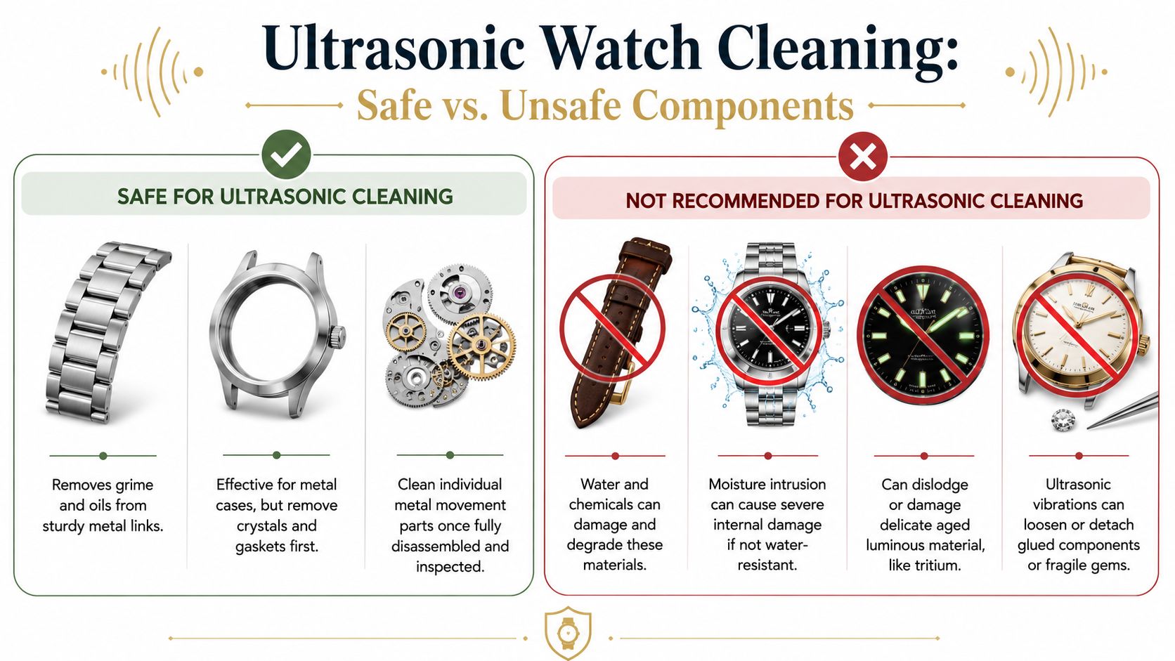 An infographic showing which watch components are safe or unsafe for cleaning with an ultrasonic machine.