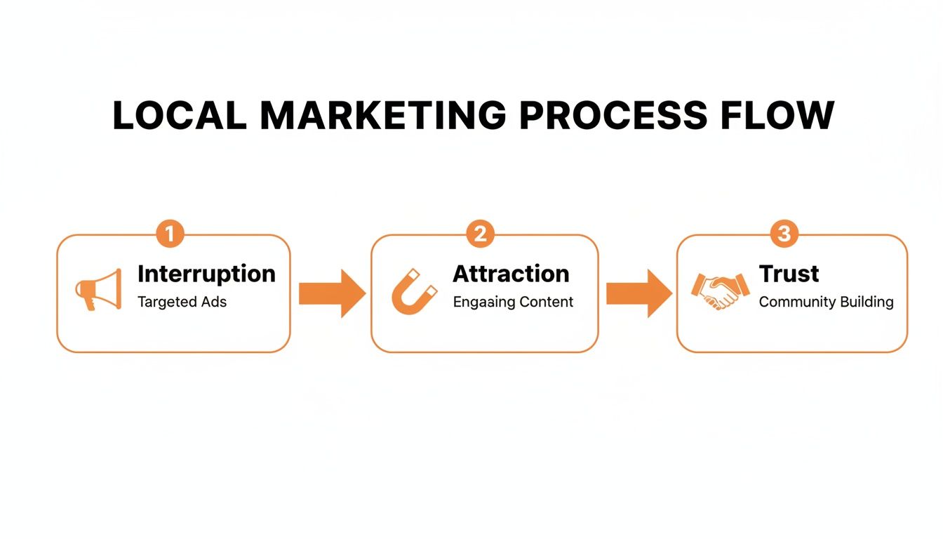 Local marketing process flow diagram with three steps: Interruption (Targeted Ads), Attraction (Engaging Content), and Trust (Community Building).